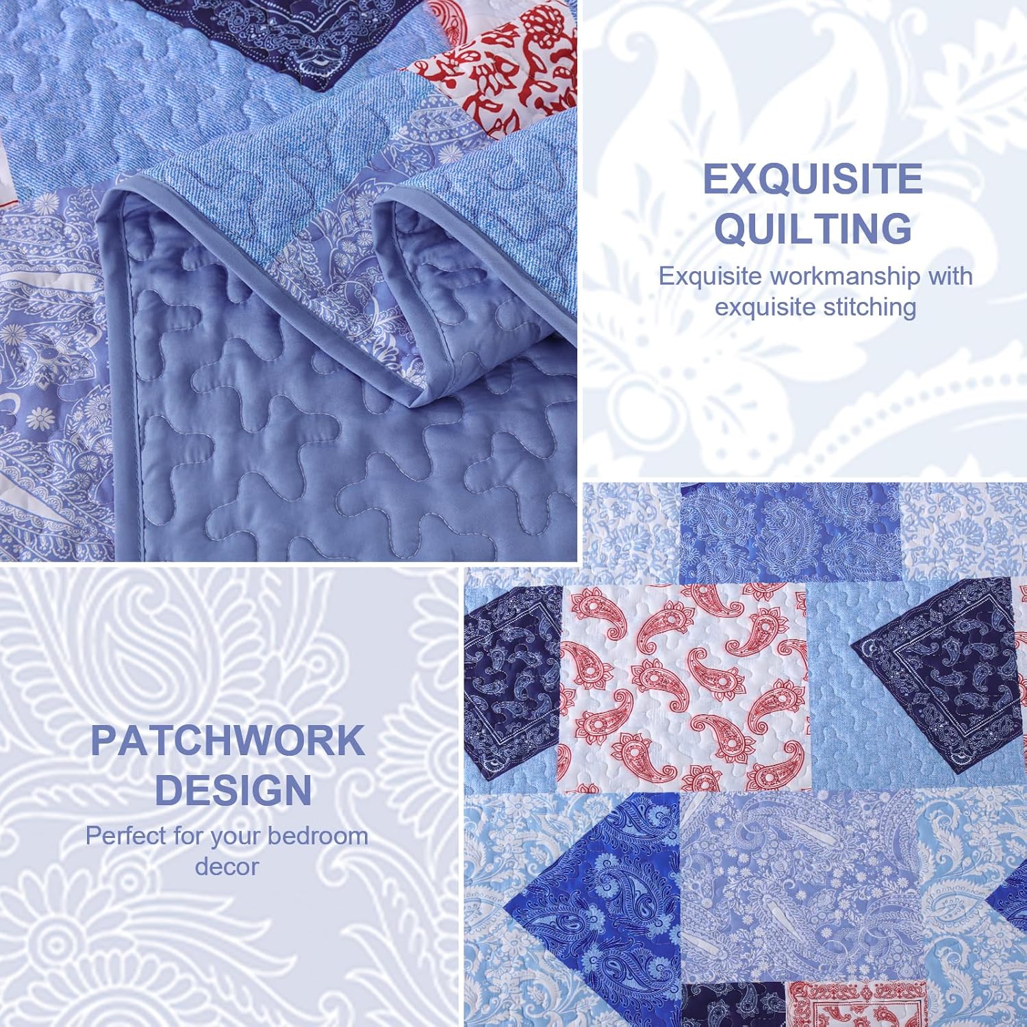 Mybedsoul Blue Patchwork Queen Size Quilt, Cozy Boho Floral Spring Bedspreads Bedding Set, 3 Pieces Reversible Plaid Coverlet Set for All Season 96x90 Inch