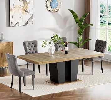 Brown Dining Room Table Set for 4, 5-Piece 63"-78.74" Extendable Dining Table Set with 4 Chairs, Rectangle Wooden Expanding Kitchen Table and Grey Upholstered Chairs Set for Dining Room