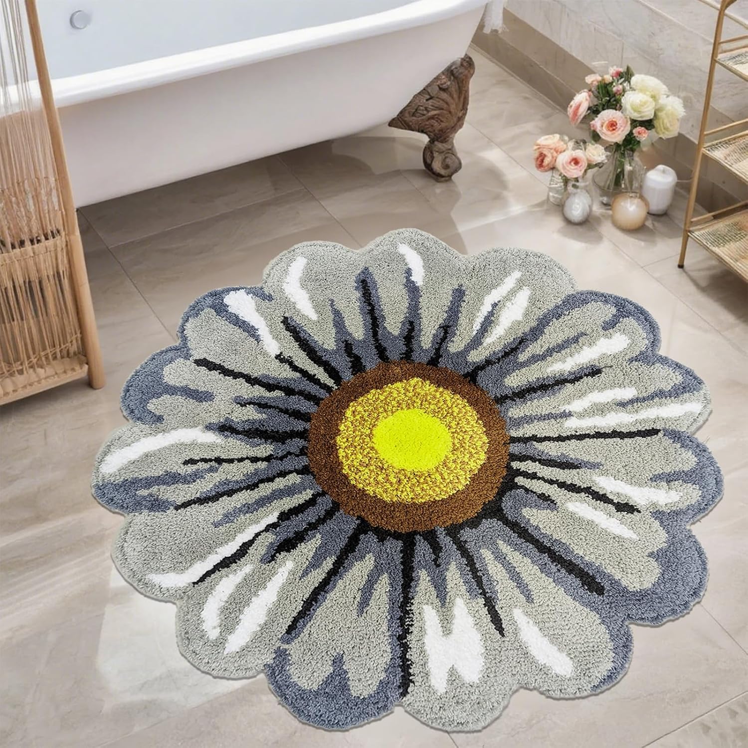 Daisy Bathroom Rug Doormat - 3Ft Round Floral Bathmat, Circle Plush Floor Mat for Kids Girls Boys Bedroom, Farmhouse, Washroom, Kitchen, Toilet, Thick Washable Fluffy Carpet, 35.4in, Grey