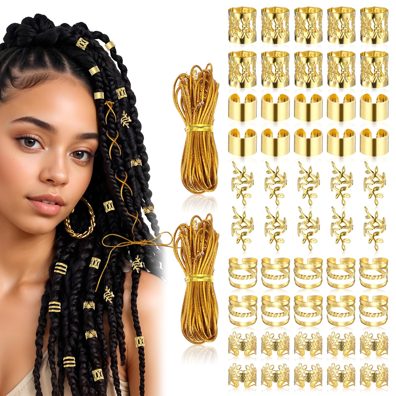 Tyqour 50Pcs Gold Hair Jewelry - Braids Accessories With 2Pcs 5M Strings, Adjustable Rings, Cuffs, Charms, Beads Decorations for Men & Women