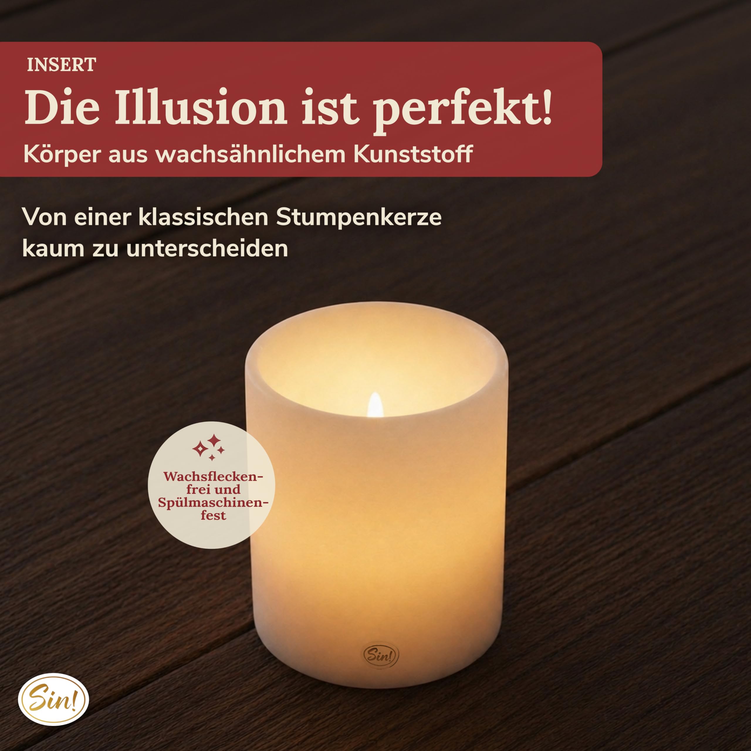 Sin!® 1x Teelichthalter & Stumpenkerze Insert ∅ 12 Höhe 12cm weiß - Die Kerze die nicht schmilzt! Kunststoff Dauerkerze inkl Teelicht 8 Std Brenndauer (Made in Germany) Kerzenoptik mit Teelichteinsatz