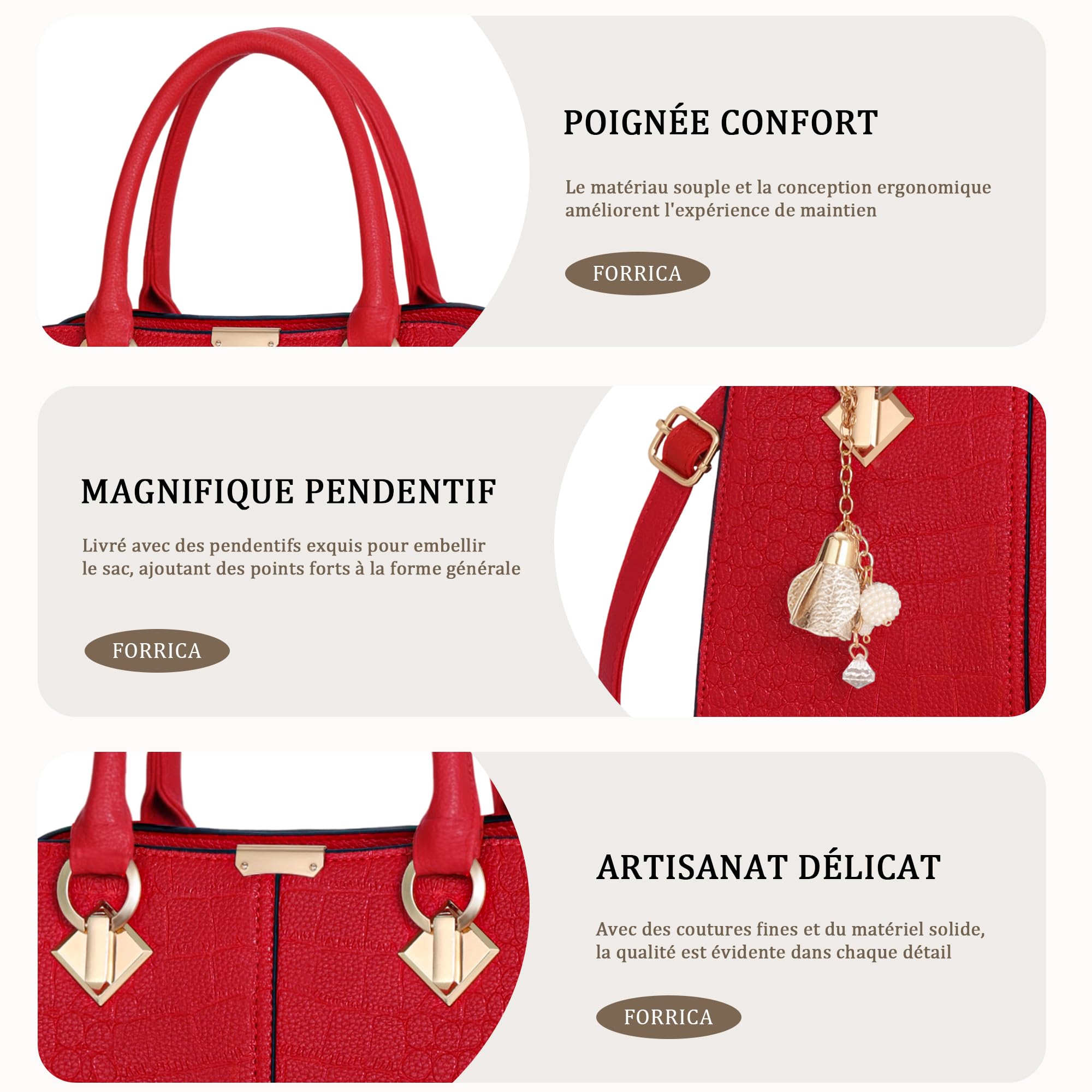 Femme Sac à Main Elégant Top Poignée Sacs à Bandoulière avec Exquis Pendentif PU Cuir Dames Sac Fourre Tout pour Travail Achats Rouge A