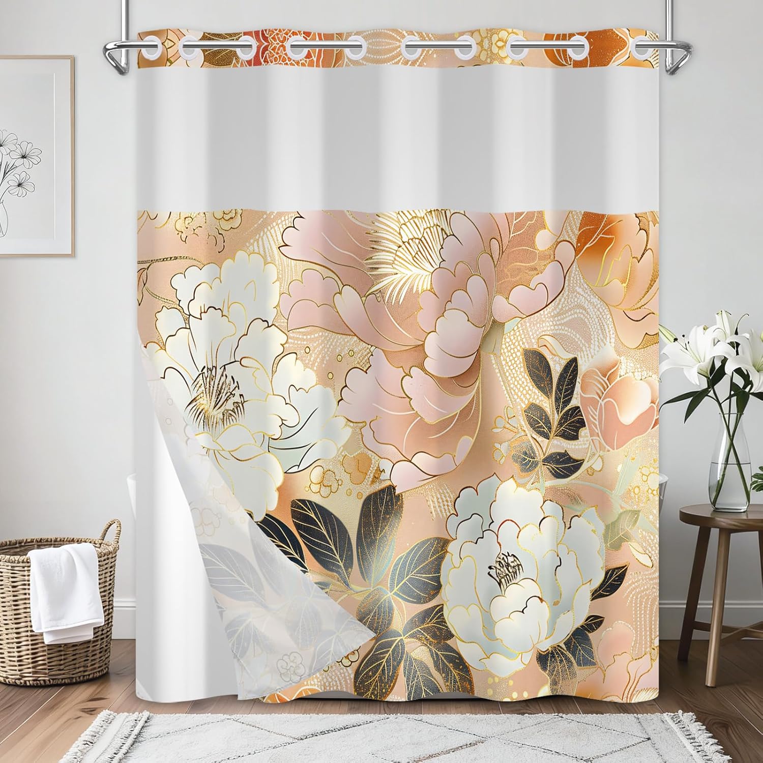 Peony Floral Shower Curtain for Bathroom, Double Layers Waterproof No Hook Shower Curtains with Snap in Liner and Translucent Top Mesh Window, Farmhouse Shower Curtain with Weighted Hem, 71x74 Inch