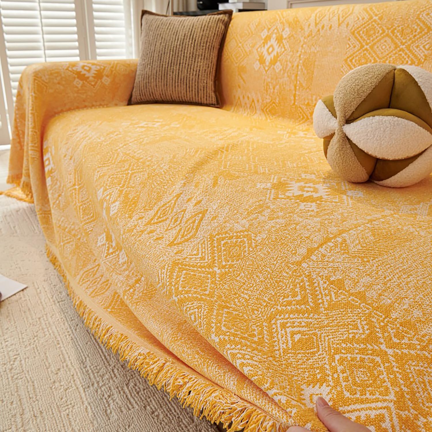 Grand Plaid Vintage Jaune pour Canapé d'Angle et Soirées Cocooning en Famille