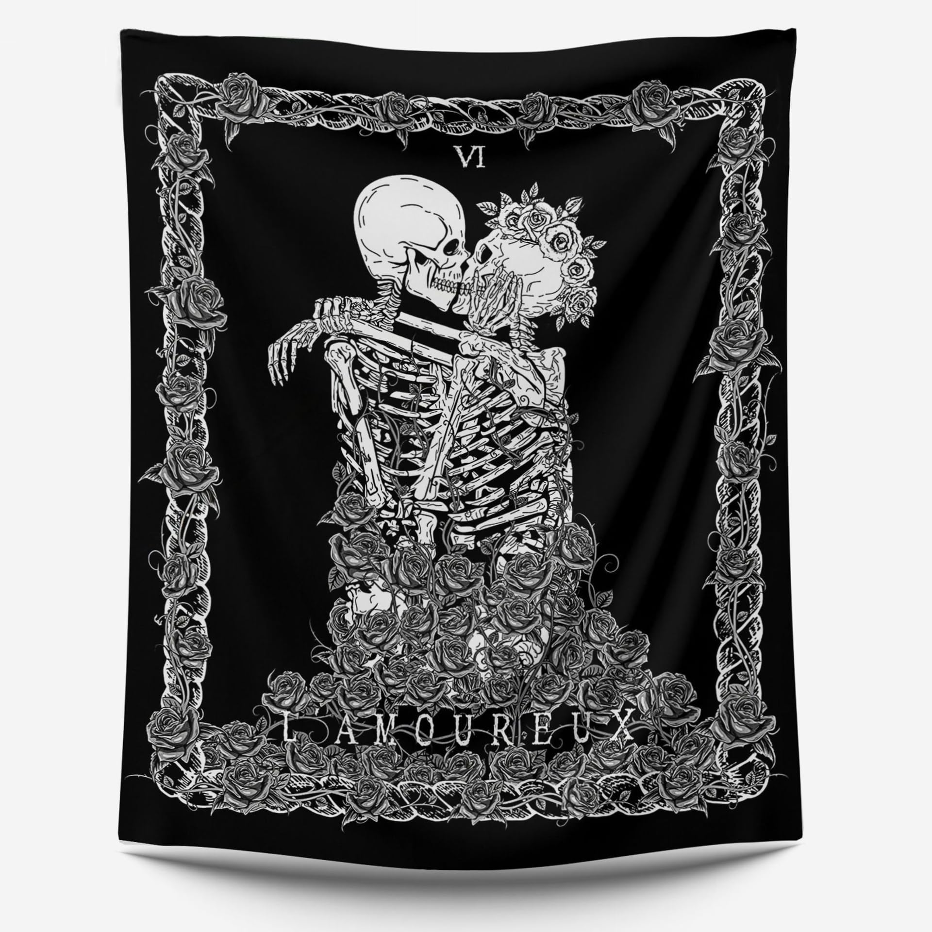 Yanjinghe White Skeleton And Flowers Tapestry, Black & Tapestries Wall Art, Skull Tapestry, Kissing Lovers Tapestry, Psychedelic Mystic Tapestry With Nails And Clips For Bedroom, Living Room, Dorm- 200 X 150Cm