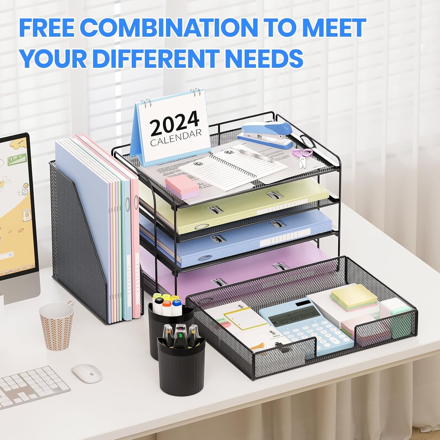 OPNICE Desk Organizer, 4-Tier Desktop File Organizer with Drawer and 2 Pen Holders, Office Desk Accessories, File Sorters, Workspace Organizers for Office Supplies(Black-2pack)
