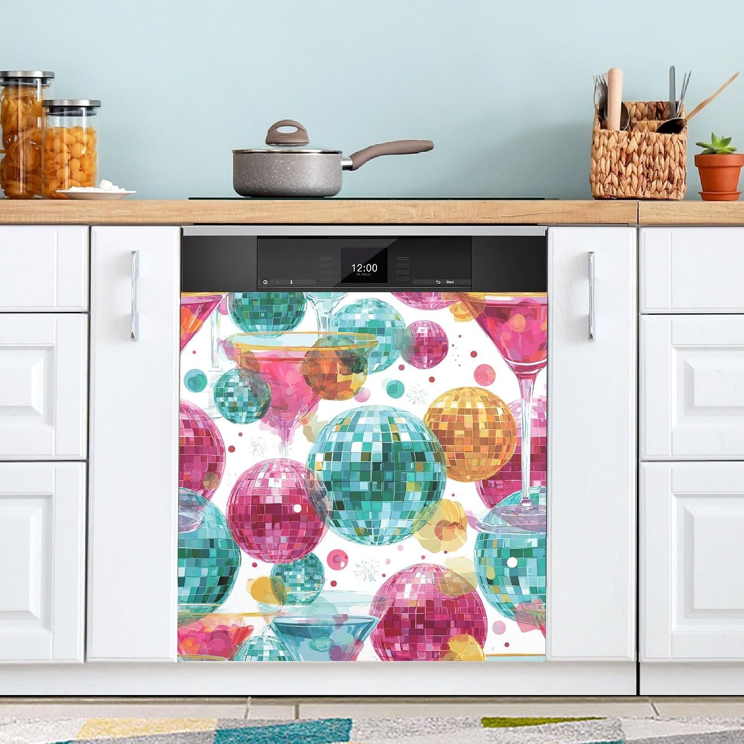 QUGRL Disco Ball Martini Glasses Dishwasher Magnet Cover Front Door Decorative Refrigerator Covers Magnetic Sheet Sticker Wash Machine Fridge Panel Decal for Kitchen Appliance 23x26 in