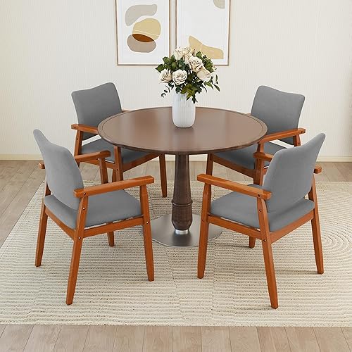 Miniatura 7 de thksbought Juego de 2 sillas de comedor modernas de nogal de mediados de siglo, brazo de madera, tela gris, cocina, cafetería, sala de estar, Juego