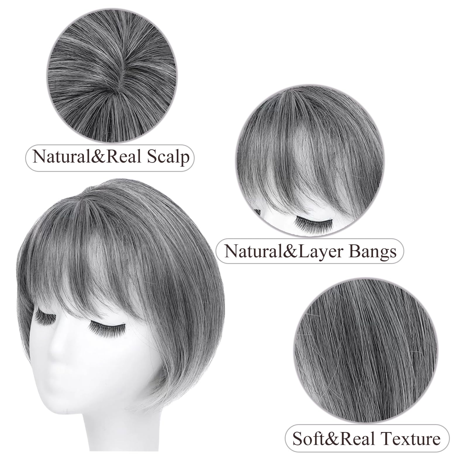 Hair Toppers Hair Short Bob Wig Topper 6.5x6.5 Inch Large Base Synthetic Hairpiece with Clip-in/Side Bangs Invisible Breathable Net 360°3D Coverage for Extra Volume (Dimgrey) - Image 3