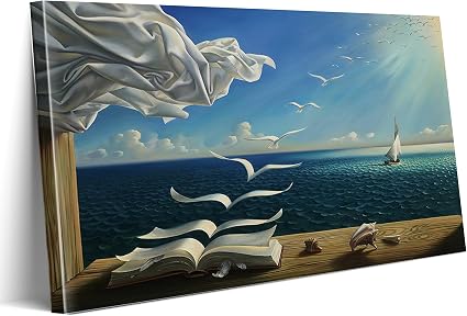 ALMLZL Salvador Dali Wave Book Canvas Wall Art Surrealism Art Prints Famous Oil Painting Reproduction Abstract Sailboat Poster Living Room Bedroom Blue Wall Decor Gallery Wrapped 12x16inch/30x40cm