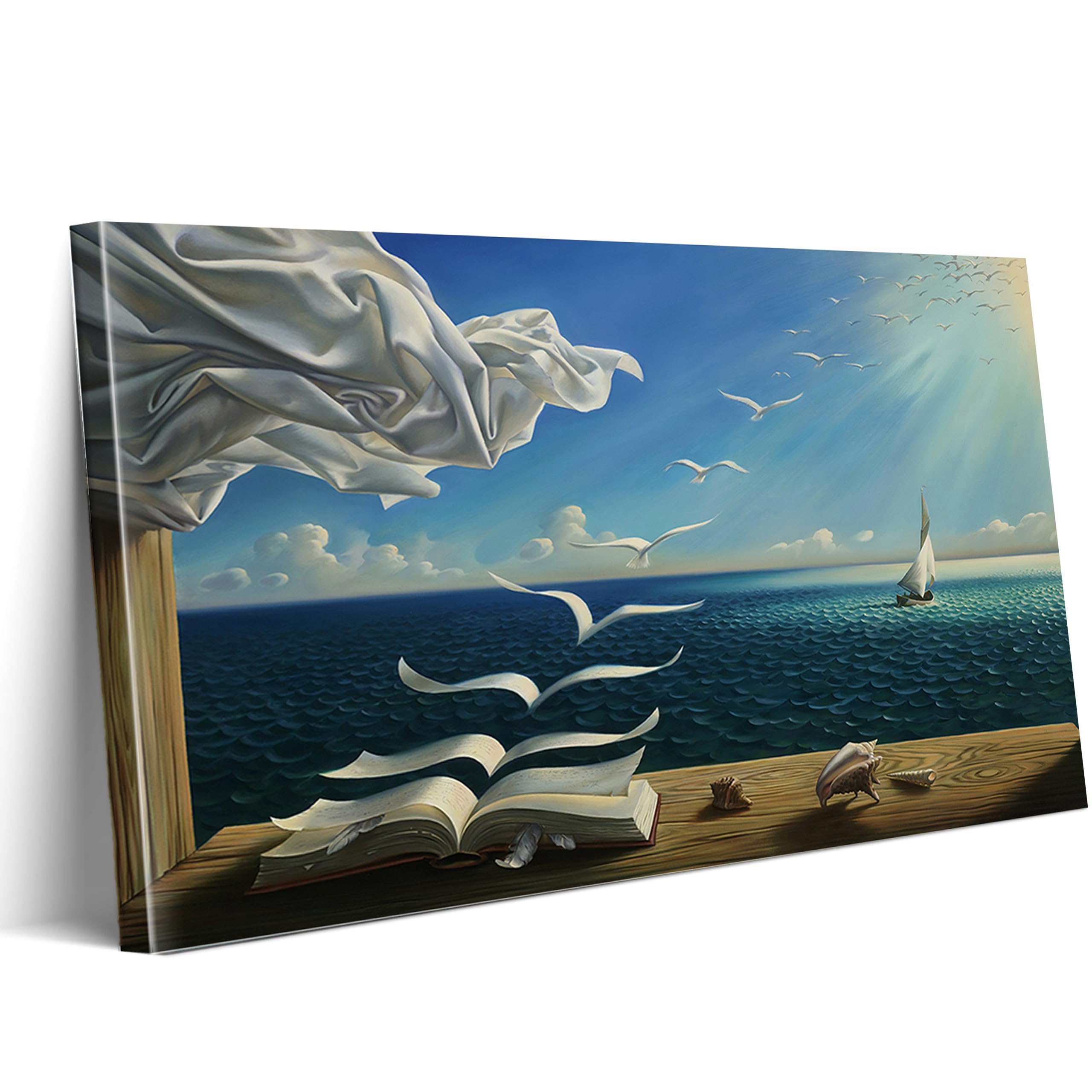 Almlzl ['Wave Book Canvas Wall Art'] Salvador Dali Wave Book Canvas Wall Art Surrealism Art Prints Famous Oil Painting Reproduction Abstract Sailboat Poster Living Room Bedroom Blue Wall Decor Gallery Wrapped 12X16inch/30X40cm