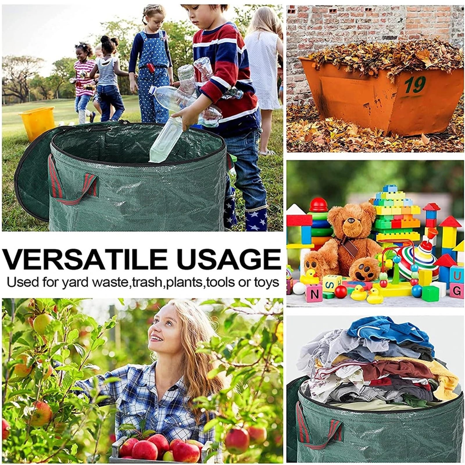 Bolsas de basura de jardín resistentes de gran capacidad, contenedor de recogida de hojas de polipropileno impermeable y reutilizable con tapa para una eliminación eficiente de los desechos del patio