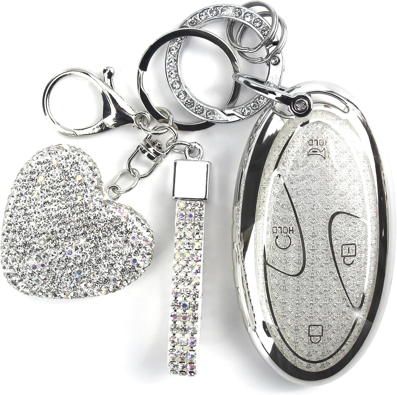 Key Fob Cover with Diamond Keychain Fit for Hyundai Car Key Holder Case Compatible with Hyundai loniq 6 Grandeur GN7 KONA 2023 2024 Smart Remote Key Protector, 5/7 Buttons (Silver-Heart)