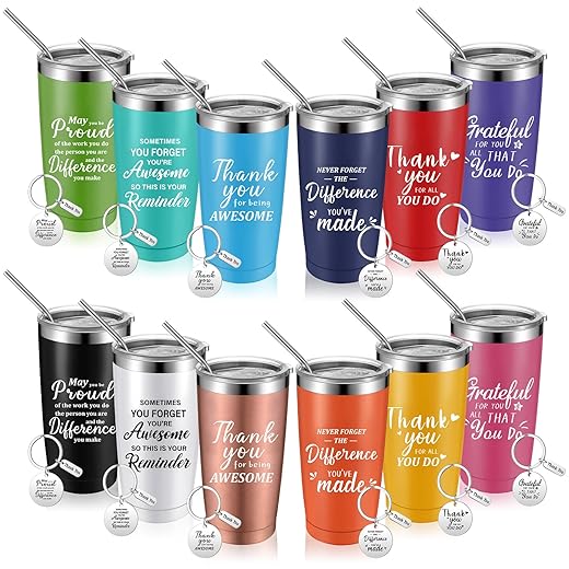 Dandat Christmas Employee Appreciation Gifts Set Thank You Gifts for Staff Coworker Inspirational Tumbler 20 oz with Keychain Insulated Stainless Steel Tumblers with Lid Straw for Women Men(12 Sets)
