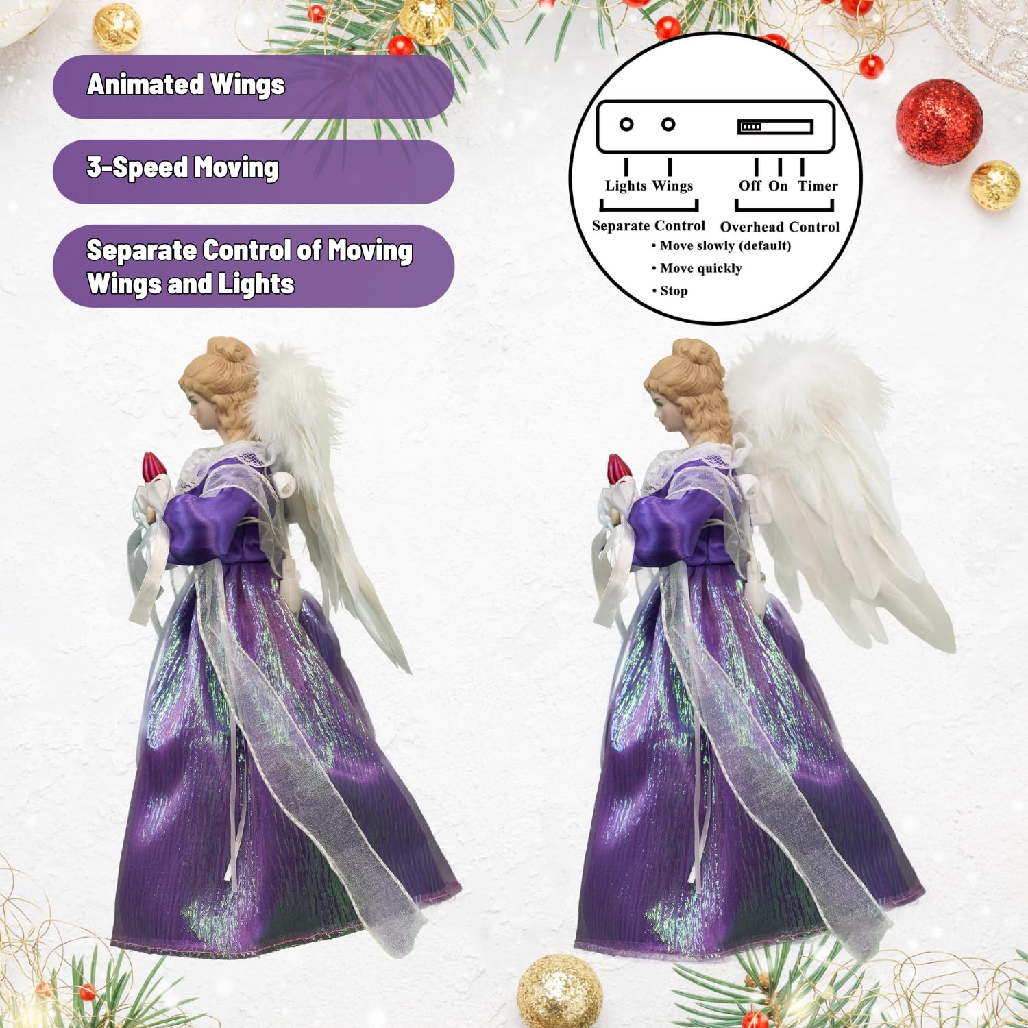 Décoration de sapin de Noël en forme d'ange avec ailes mobiles Violet