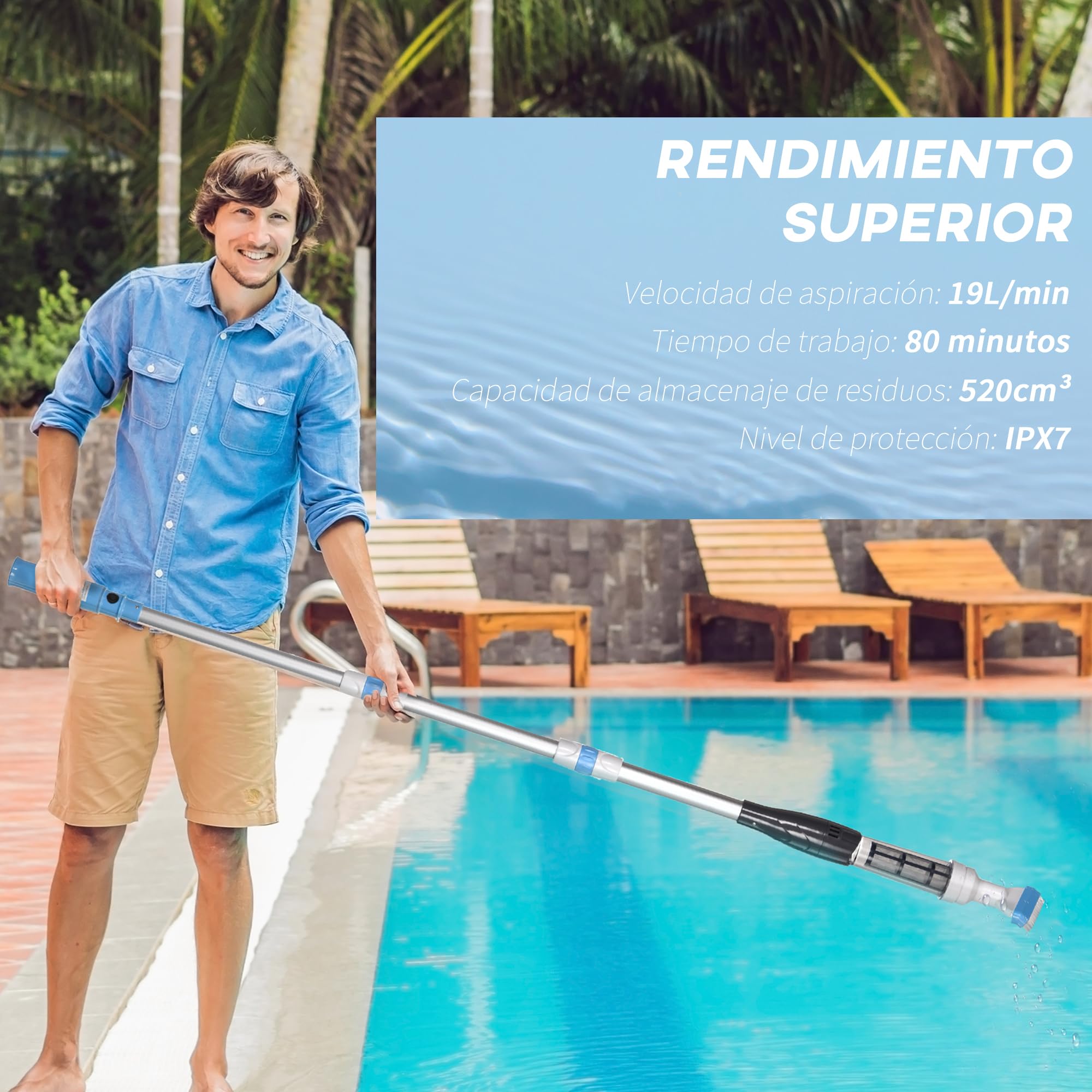 Outsunny Limpiafondos Eléctrico para Piscinas de Aluminio Limpiafondos de Piscinas Manual con Poste Telescópico de 3 Secciones para Estanques Ø6x106-162 cm Azul y Blanco