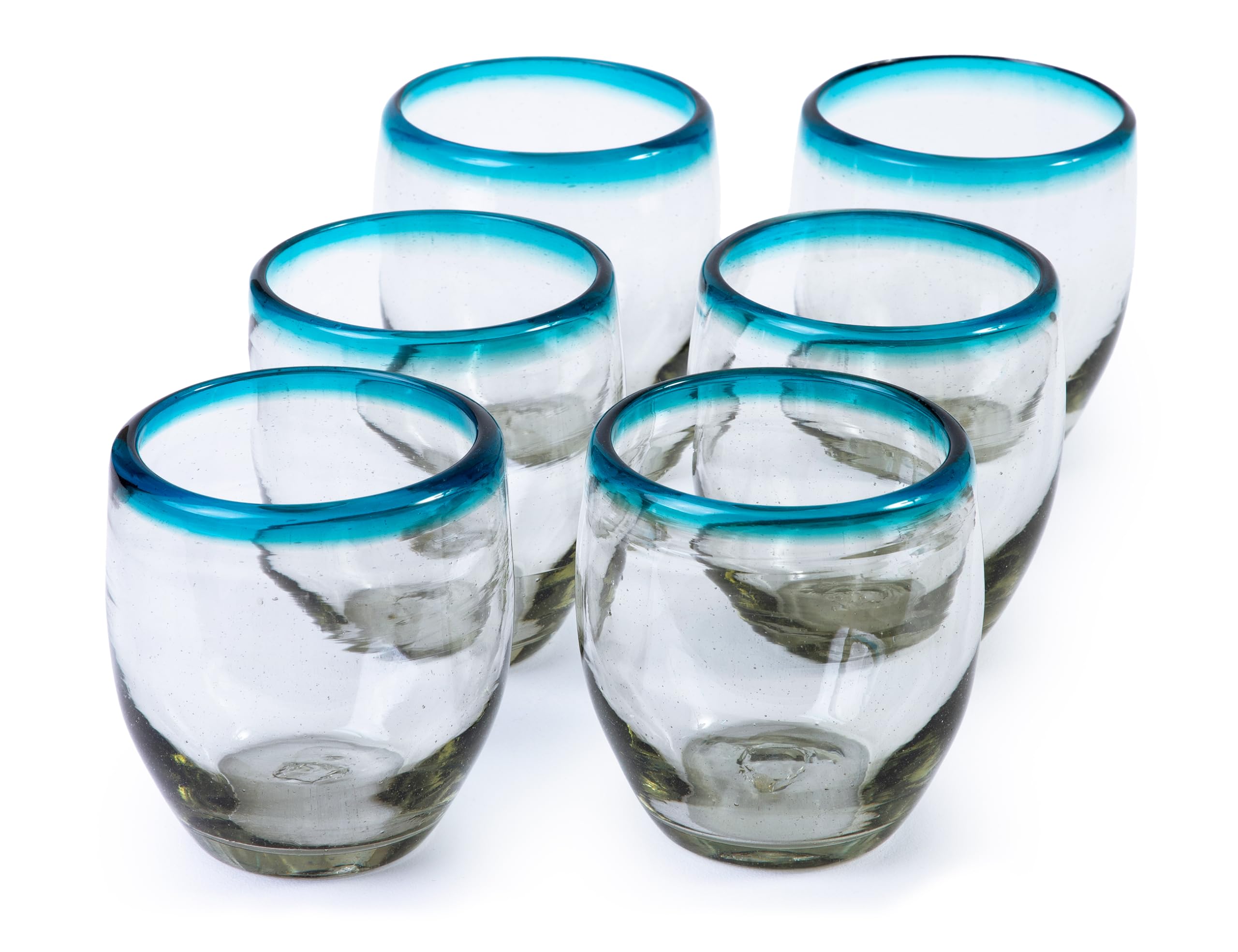 9 oz Hand Blown Mexican Drinking Glasses - Set of 6, 9 fl oz each, Aqua Rim