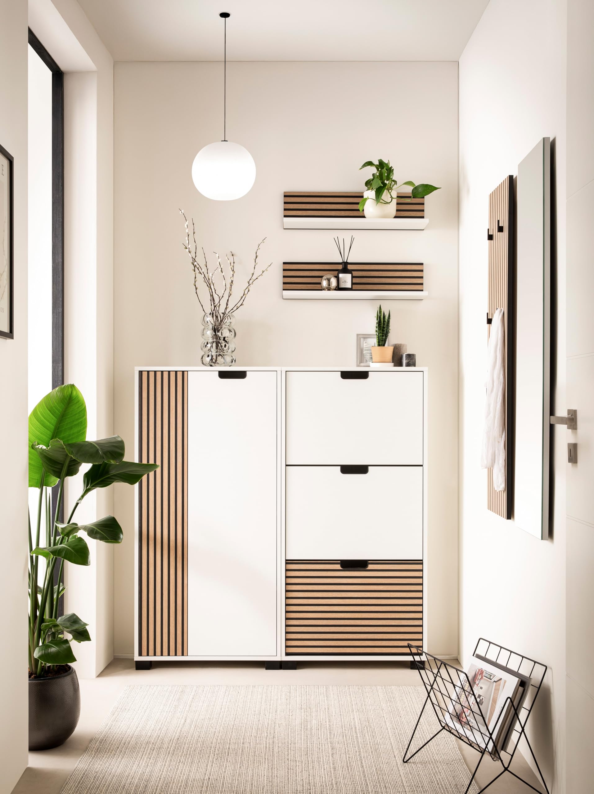 Schildmeyer Highboard Ryker 160036, Mattweiß/Akustikpaneel Optik, 59,8 x 19,5 x 124 cm