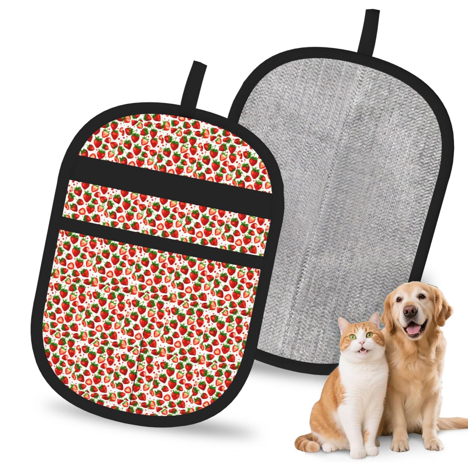 Strawberry Print Pet Hair Remover Gloves Grooming Cleaning Accessory Reusable Deshedding Tool