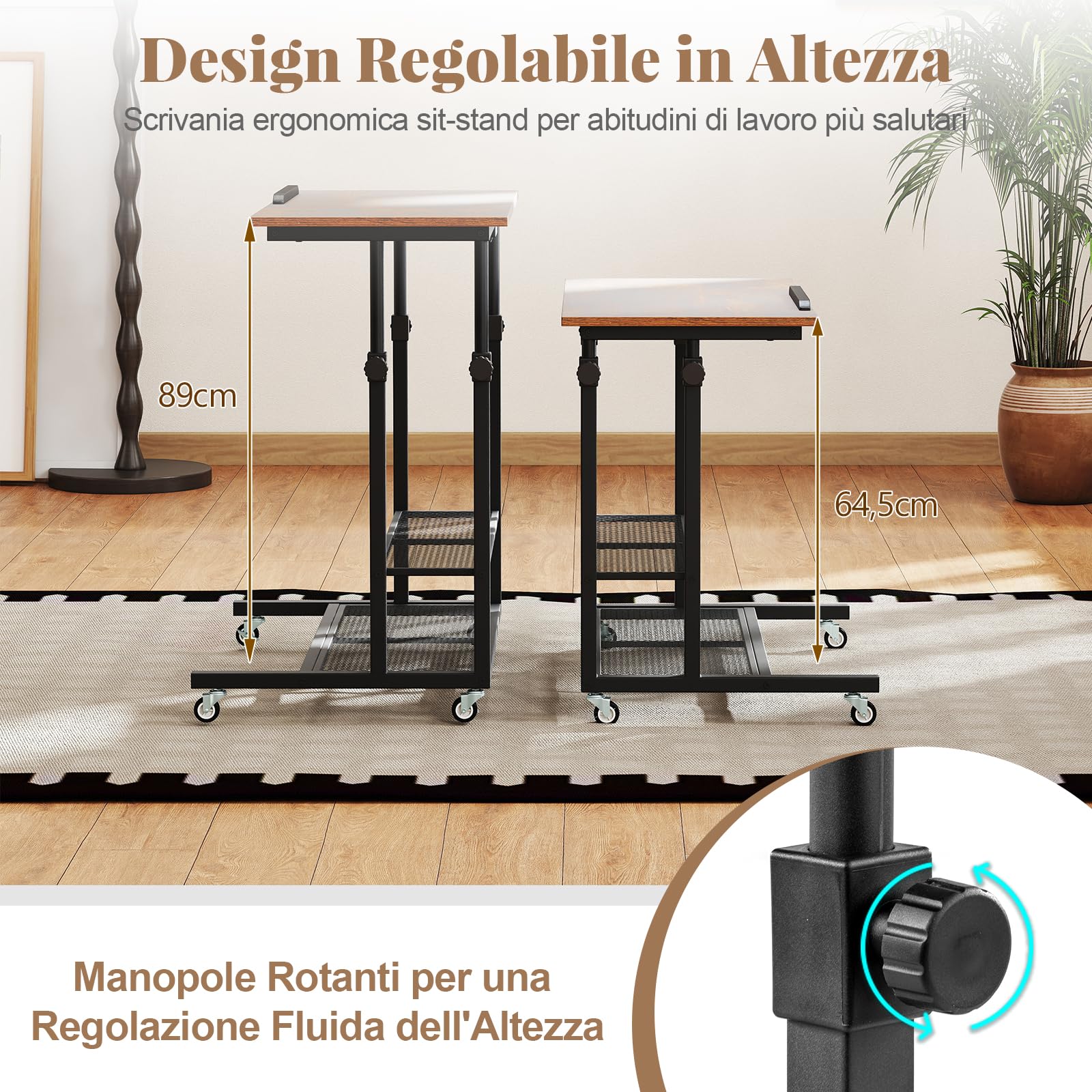 COSTWAY Tavolino da Divano e Letto, Tavolo Regolabile in Altezza con Ruote Bloccabili, Piano Inclinabile e Mensole Portaoggetti, Mobile Versatile per Salotto, Camera da Letto