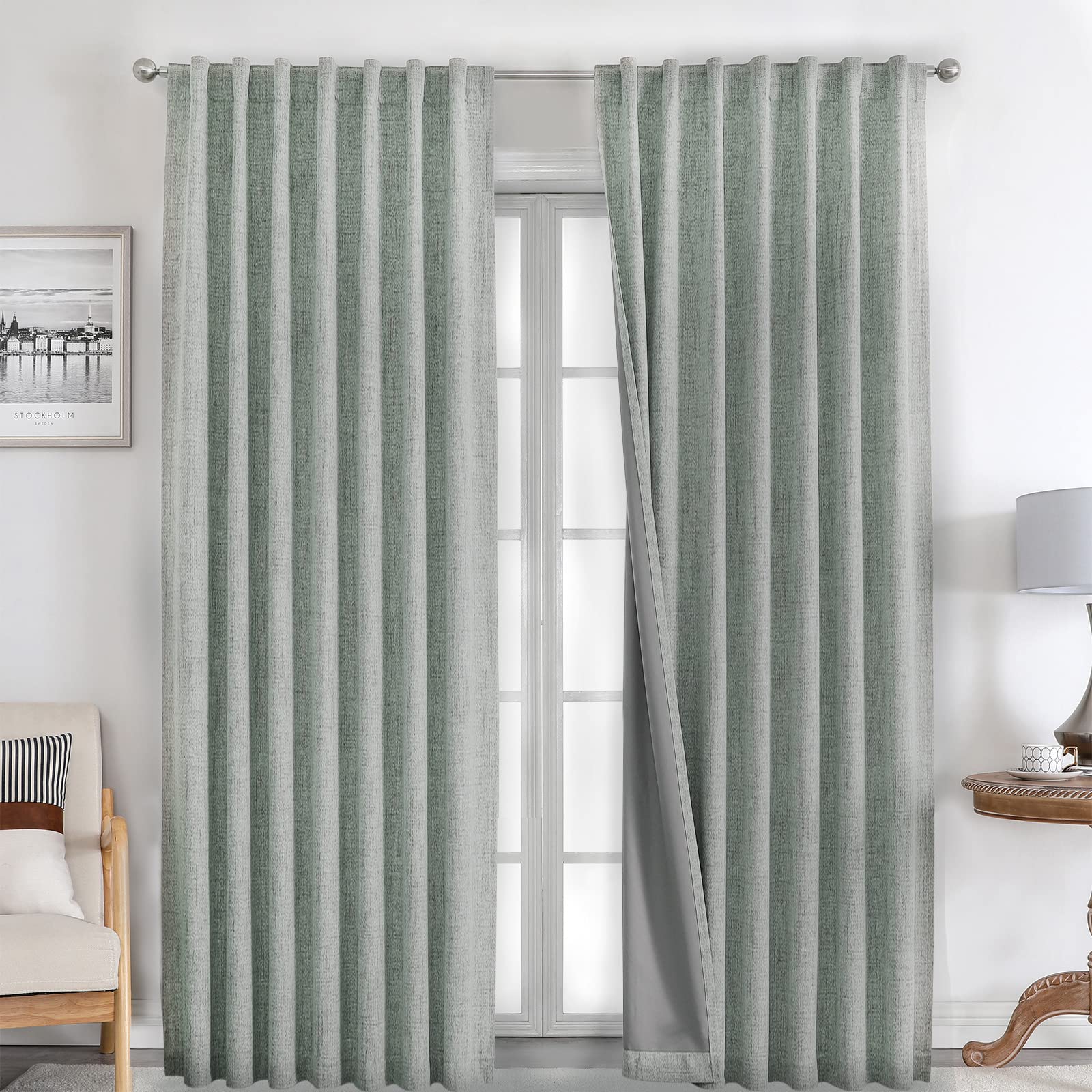 Joydeco 100% Blackout Curtains 108 inches Long Natural Linen Drapes 2 Panels Set Burg for Bedroom Living Room Black Out Darkening Curtain Thermal Insulated Back tab Rod Pocket(52x108 inch,Sage Green)