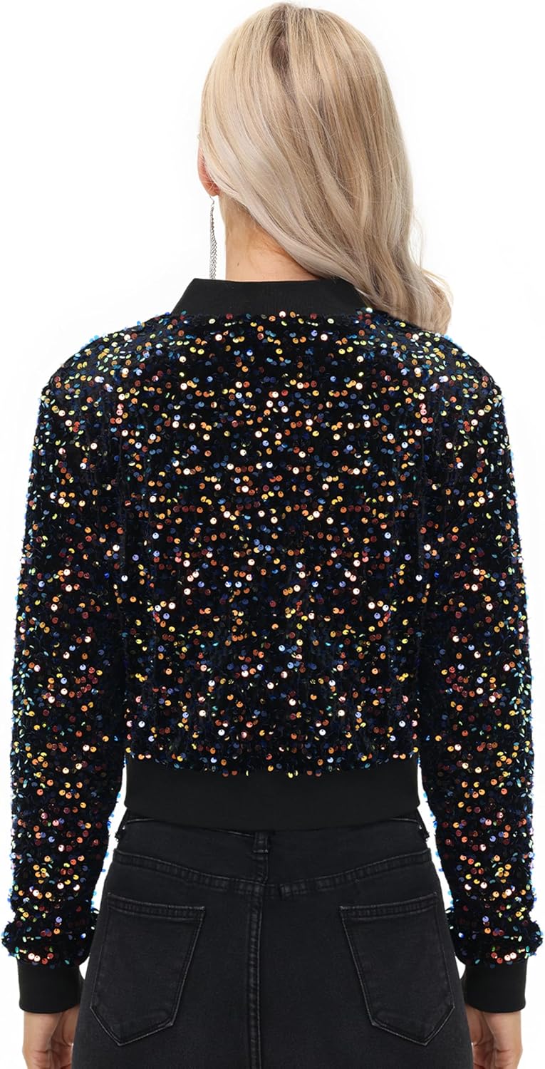 Anna-Kaci Women's Sparkly Sequin Jacket Cropped Two-Way-Zipper Glitter Party Club Bomber Jacket - Image 4