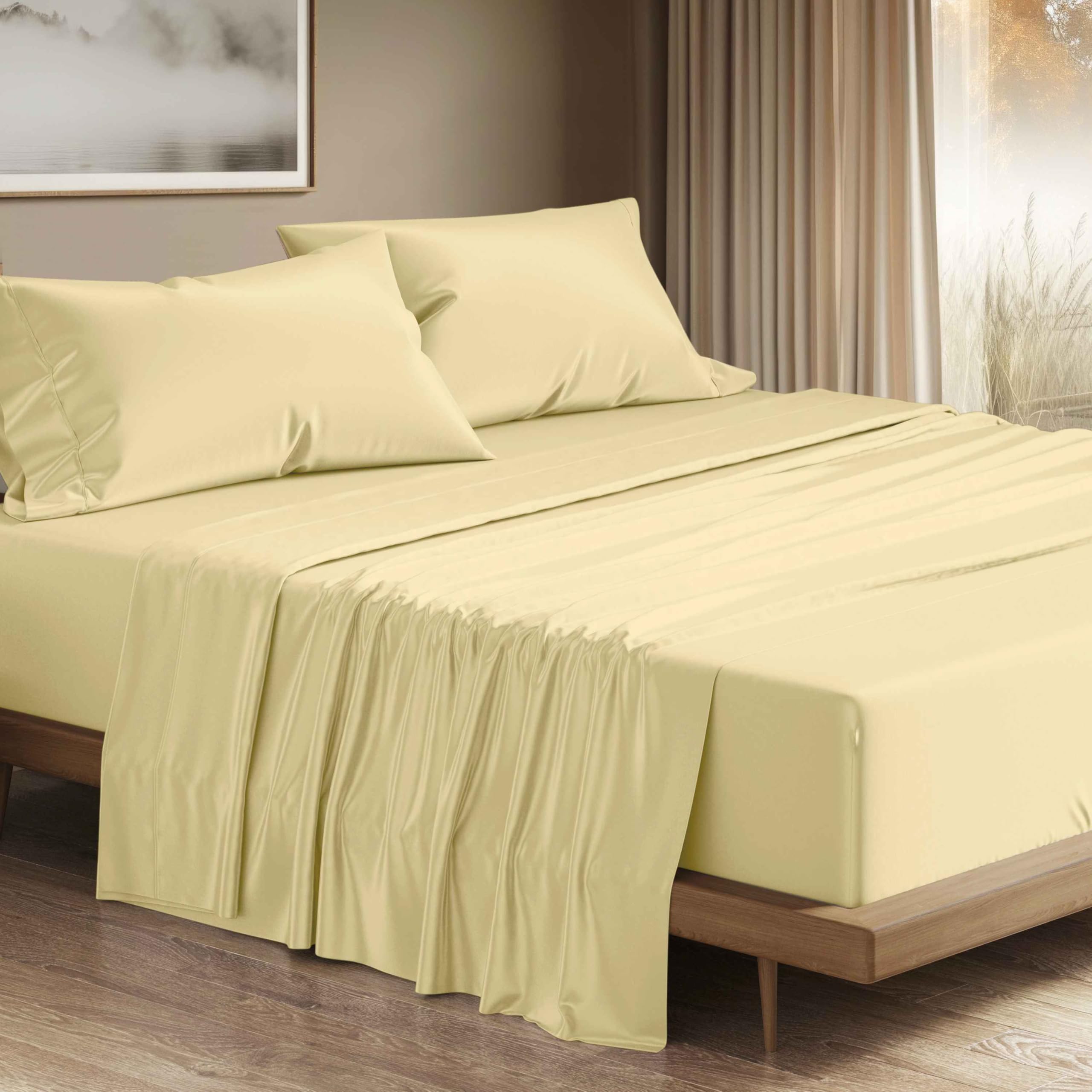 THREAD SPREAD 100% Egyptian Cotton Sheets Queen Size - 1200 Thread Count 4 PC Queen Sheet Set Egyptian Cotton, Sateen Weave Luxury Sheets Queen Size, High Thread Count Sheets, 17" Deep Pocket - Beige