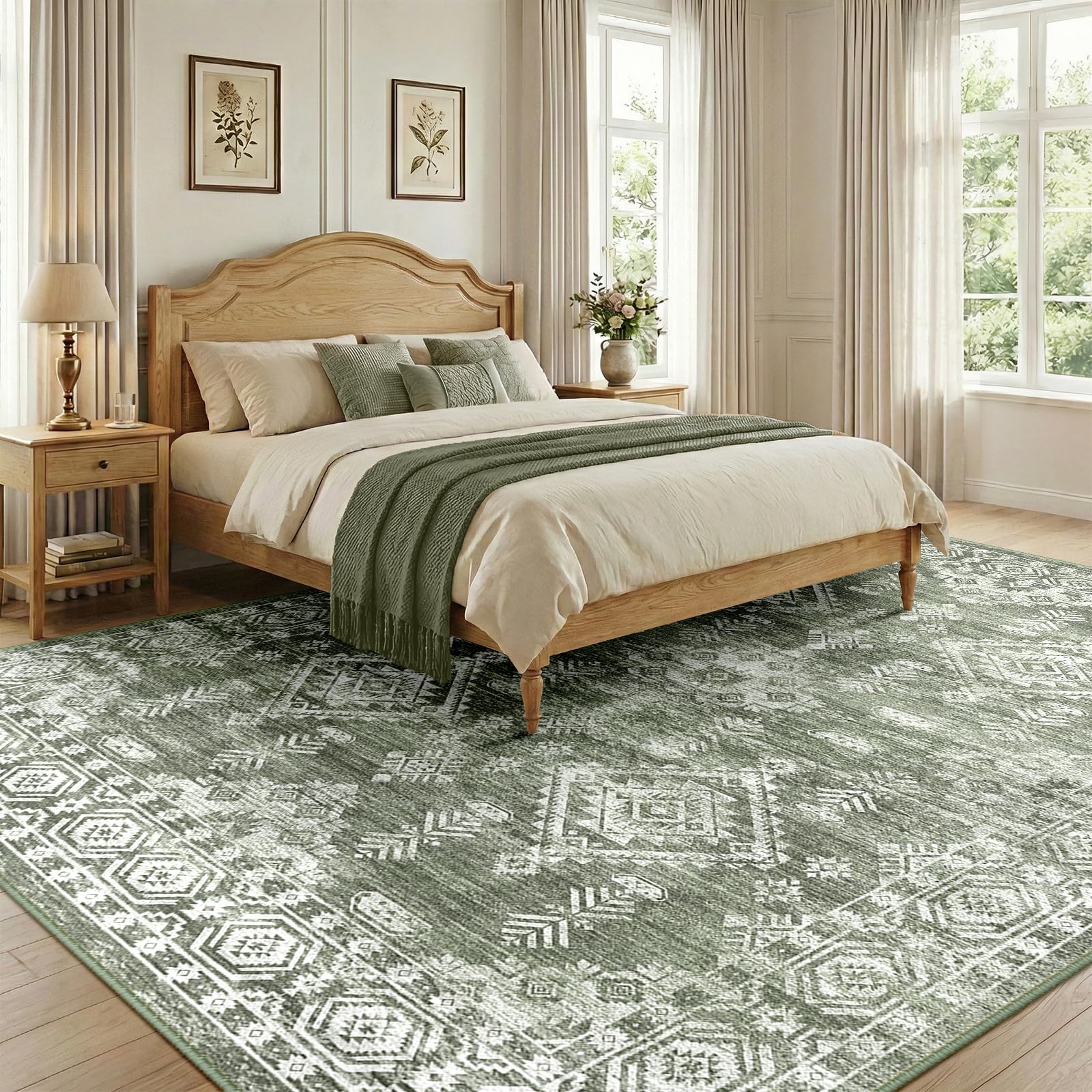 DEFYNEE Machine Washable Large Rugs Living Room 240x300cm, Soft Short Pile, Non-Slip Vintage Rugs for Bedroom, Moroccan Rug for Dining Room, Hallway, Green
