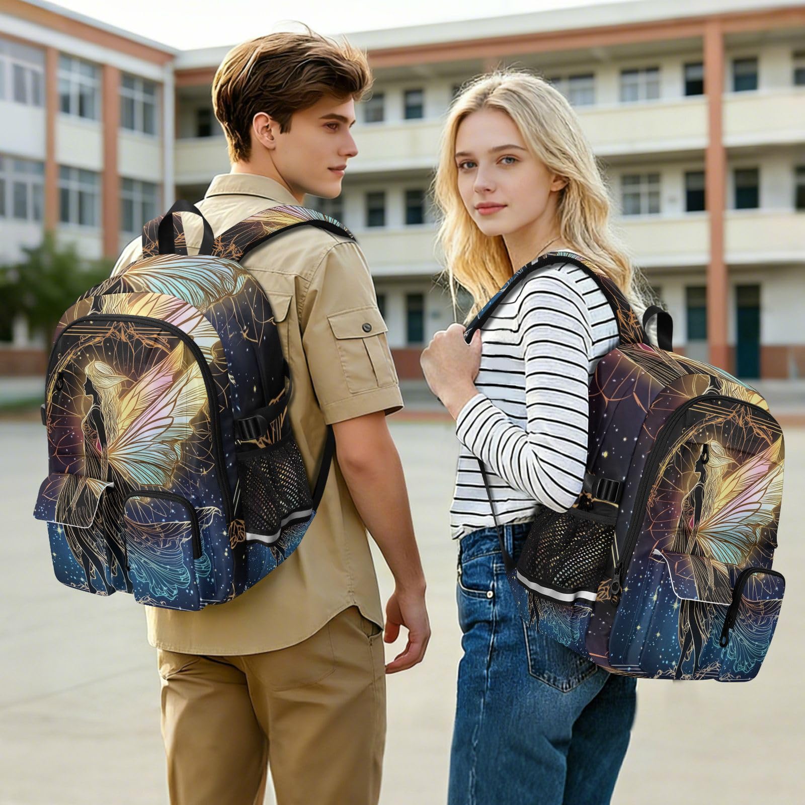 Sac à dos de voyage pour femme et homme - Motif fée fluo - Pour l'école, l'université - Sac à dos d'ordinateur léger et décontracté de 44,5 cm