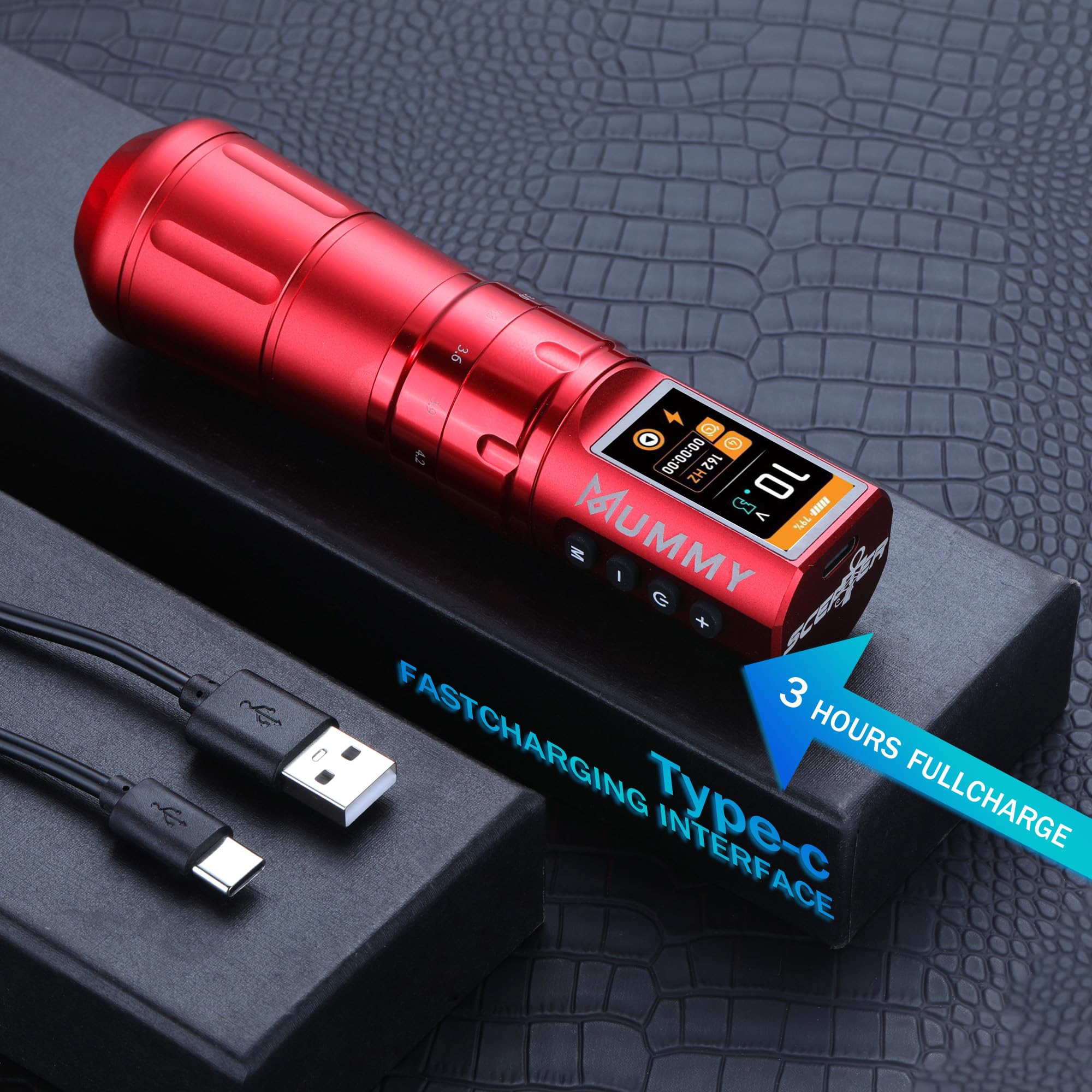 Mummy Scepter Tattoo Machine Pen with Adjustable 7 Strokes 2.4,2.7,3.0,3.3,3.6,3.9,4.2mm 1800mAh(Single Machine) (red) - Image 2