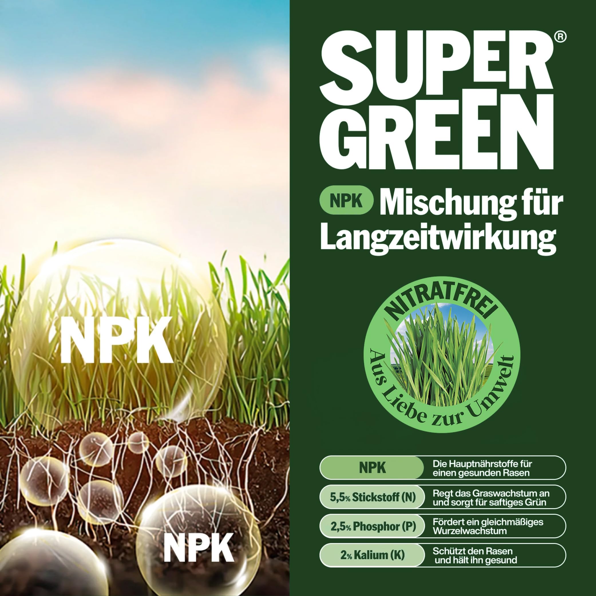 SUPERGREEN Bio-Dünger rein Organisch | 17kg | Langzeit bis 70 Tage | NPK 5,5-2,5-2 für Rasen, Gemüse, Obst & Pflanzen | 100% pflanzlich, vegan & nitratfrei | Feines Granulat | Premium Qualität