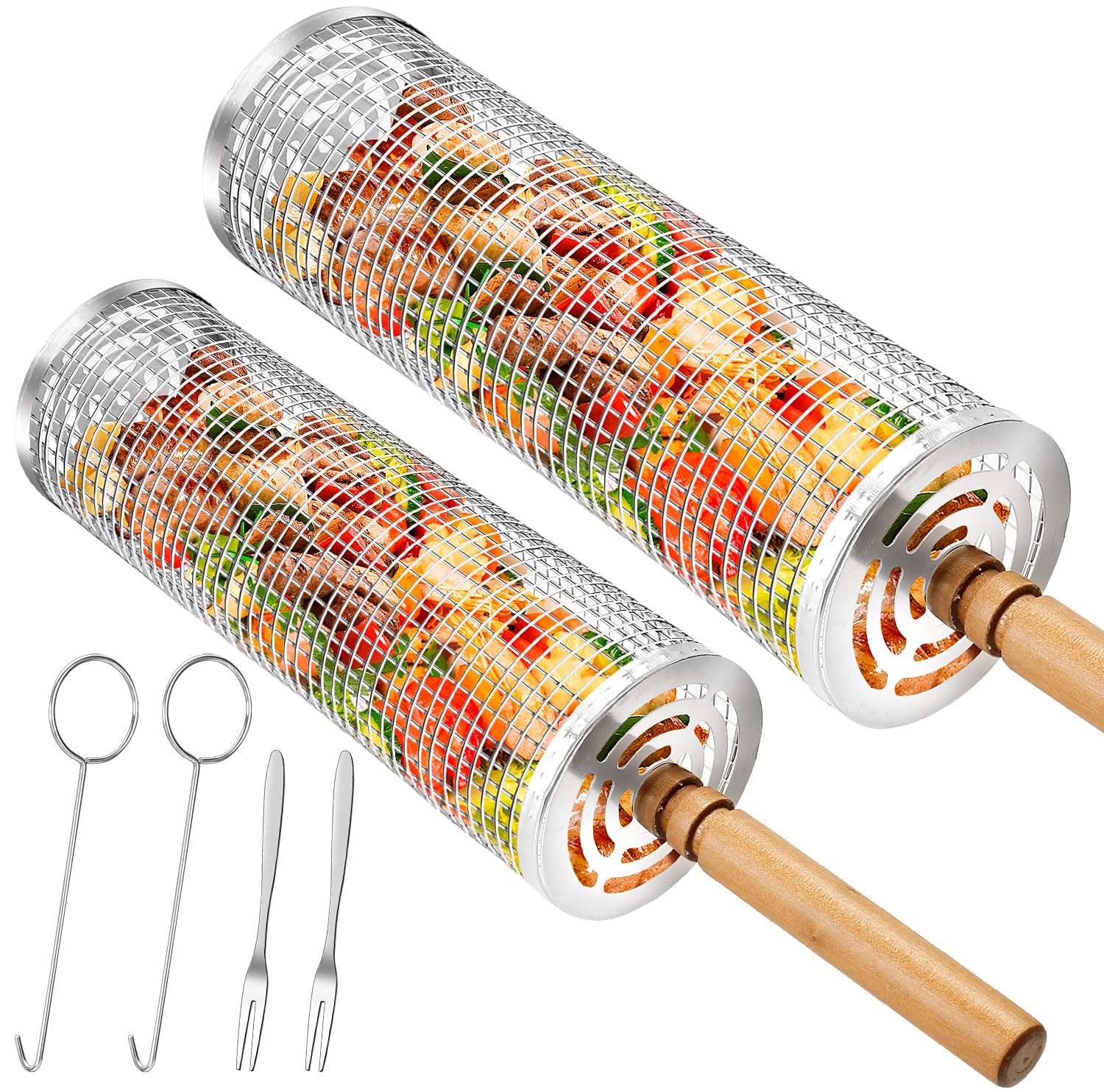 Grill Baskets (2PCS) Removable Wooden Handle Rolling Grilling Net Stainless Steel 304