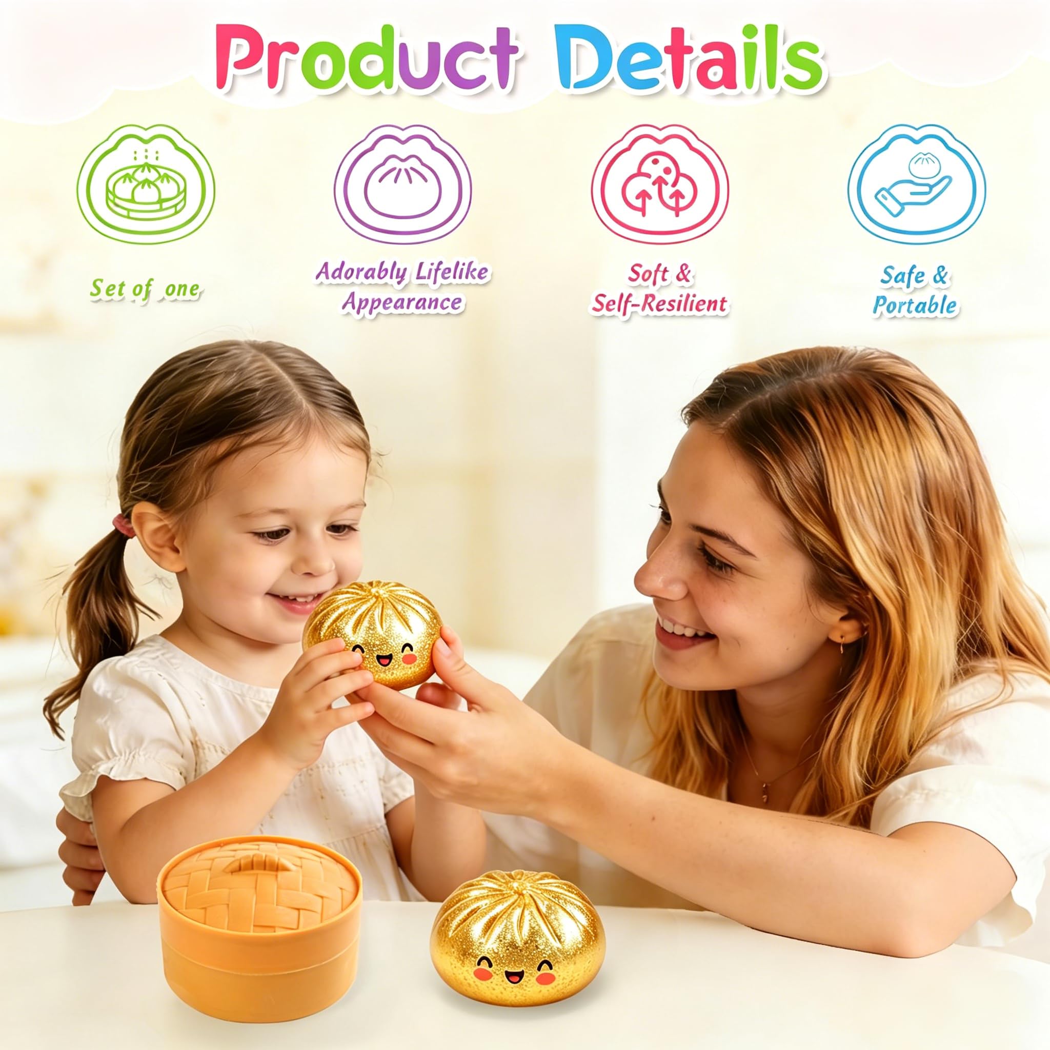 Giant Dumpling Squishy,Mystery Dumpling Squishy,Gigante Glitter Squishys Ravioli,Palla Antistress Gigante,Divertente Giocattolo Antistress Bao Bun Con Vaporiera Per Bambini Adulti Collezione (Dorato)