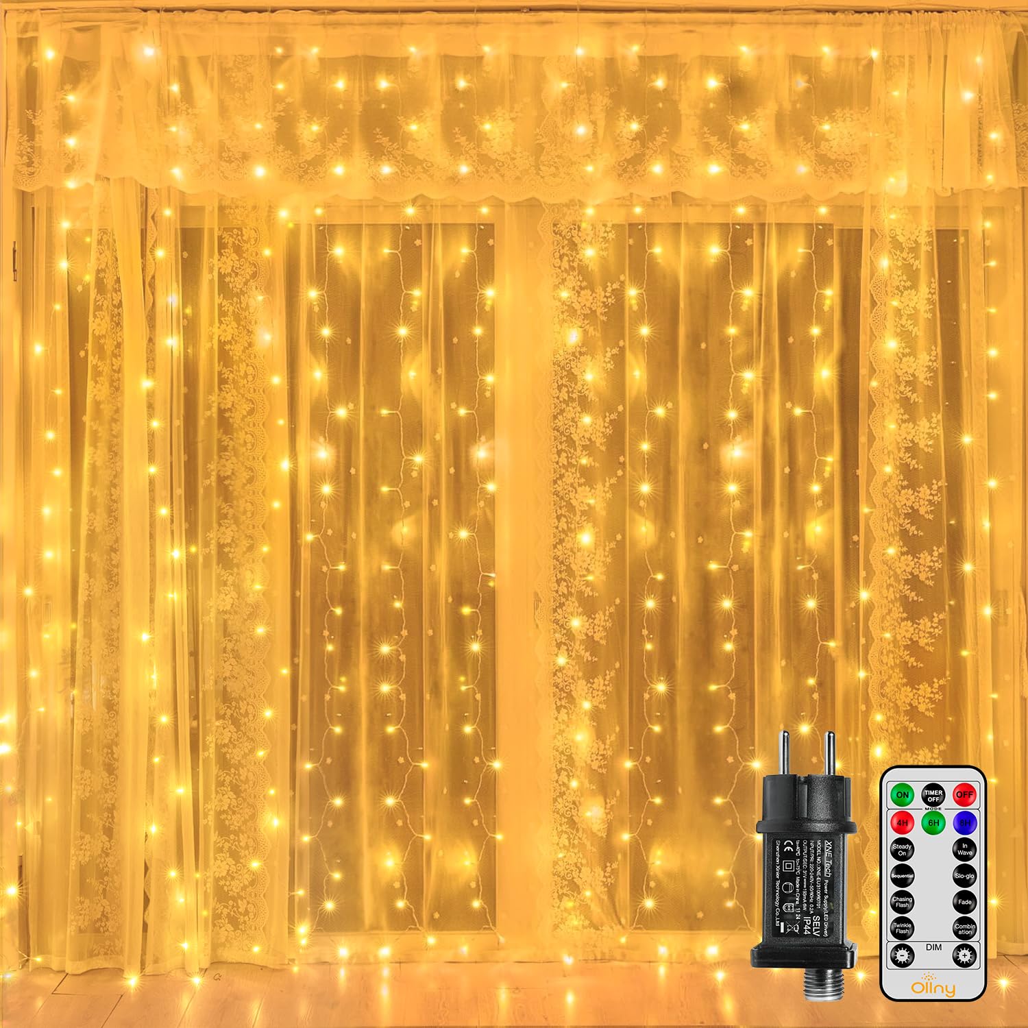 Ollny LED Lichtervorhang 2x2m/3x3m, LED Lichtervorhang Innen Strom 8 Modi mit Timer & Dimmbar, Lichterkette Vorhang Fenster, IP44 für Außen Ramadan Deko Hochzeit Party Wand Balkon