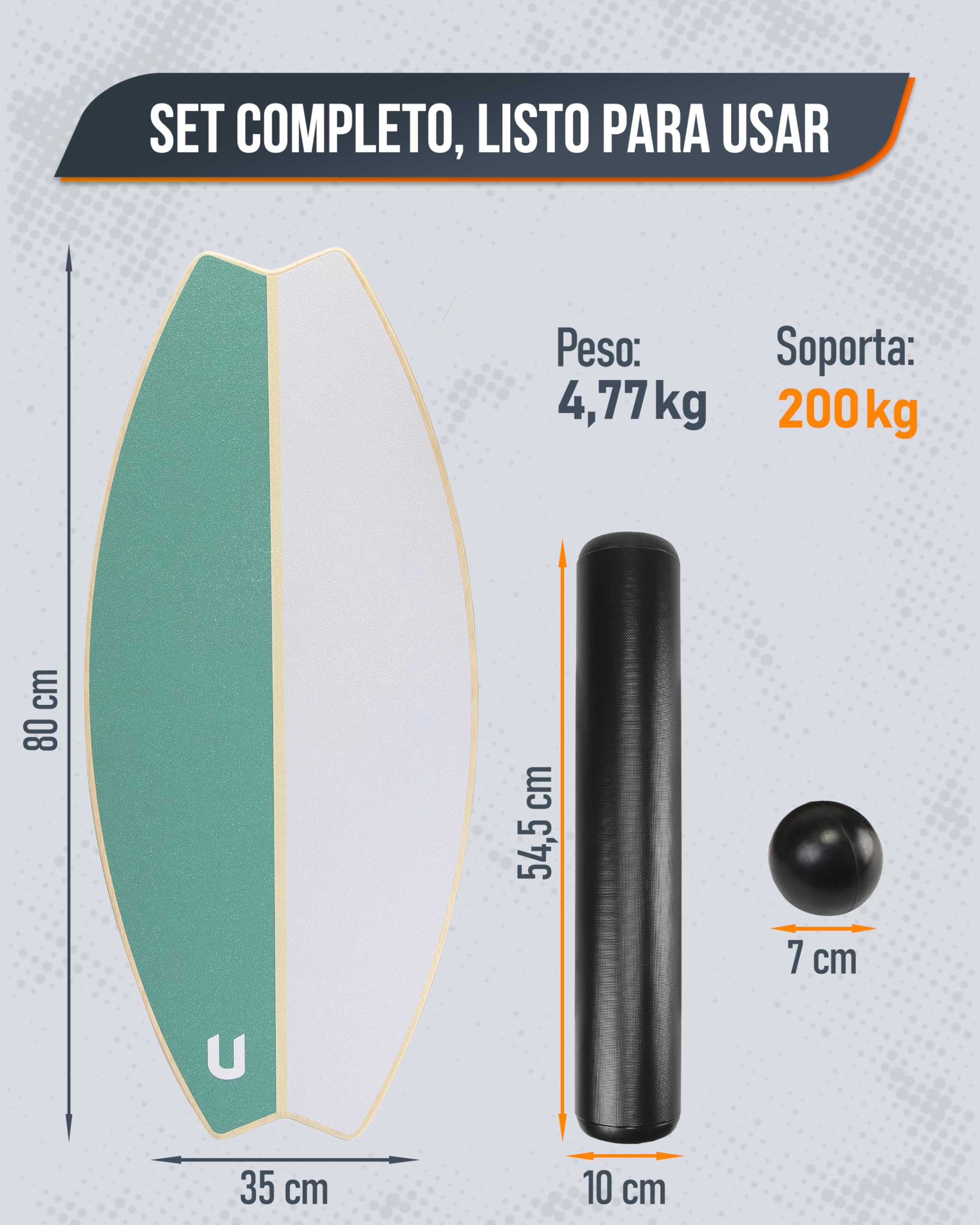 unycos - Tabla de Equilibrio Multifunción de Madera 80 x 35 cm con Rodillo y Pelota, Balance Board Antideslizante con 7 Modos y Topes Magnéticos, hasta 200 kg, para Core, Coordinación y Fitness