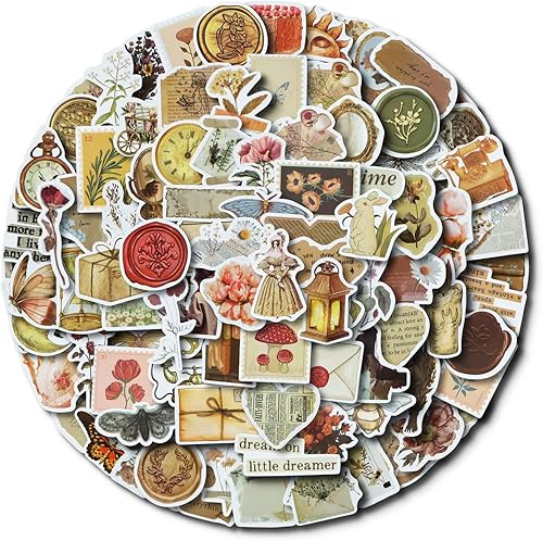 100 calcomanías vintage, calcomanías vintage para álbumes de recortes, calcomanías estéticas para diario, botella de agua, laptop, teléfono celular,