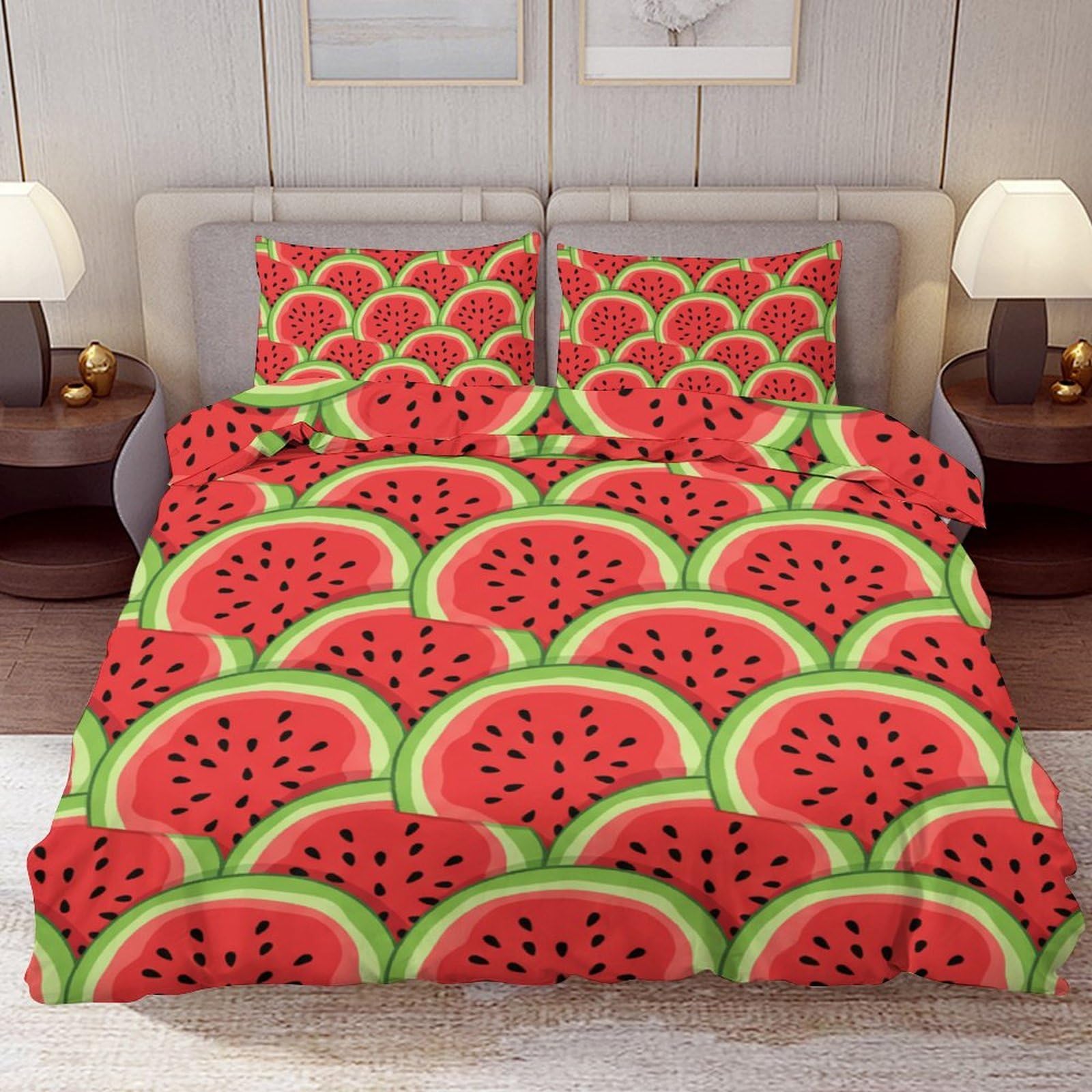 Delerain Comforter Cover Set Full Size, Fresh Watermelon Slice 3-Piece Bedding Set for Boys Girls Teens Modern Soft Microfiber Bedroom Set Room Decor, 1 Duvet Cover + 2 Pillowcases