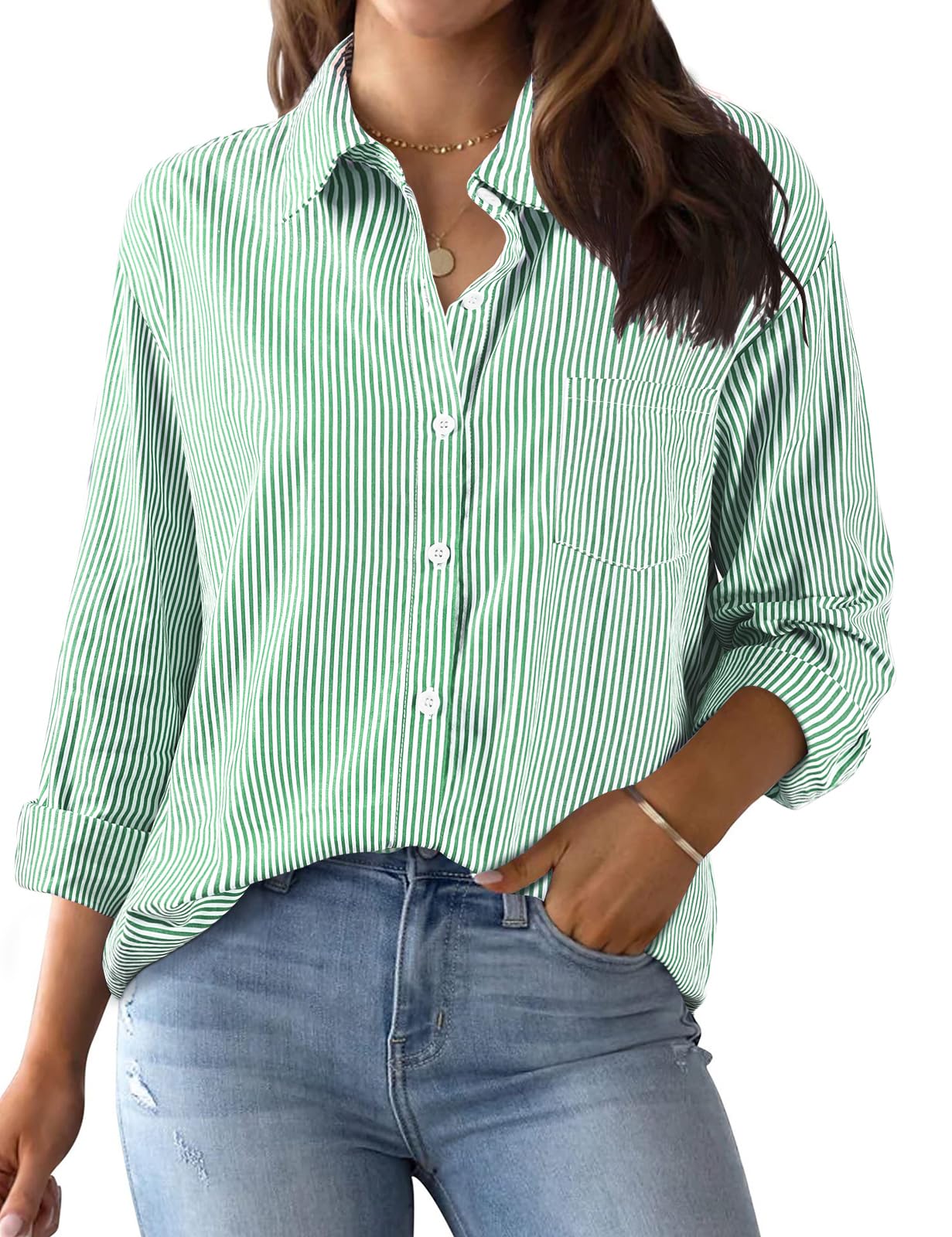 Xnova Bluse Damen Langarm Gestreifte, V Ausschnitt Button Down Hemd Oberteile Tops Baumwolle Streifenbluse, Elegante Hemdbluse Blusenshirt Casual Büro Basic Shirt Business Outfit