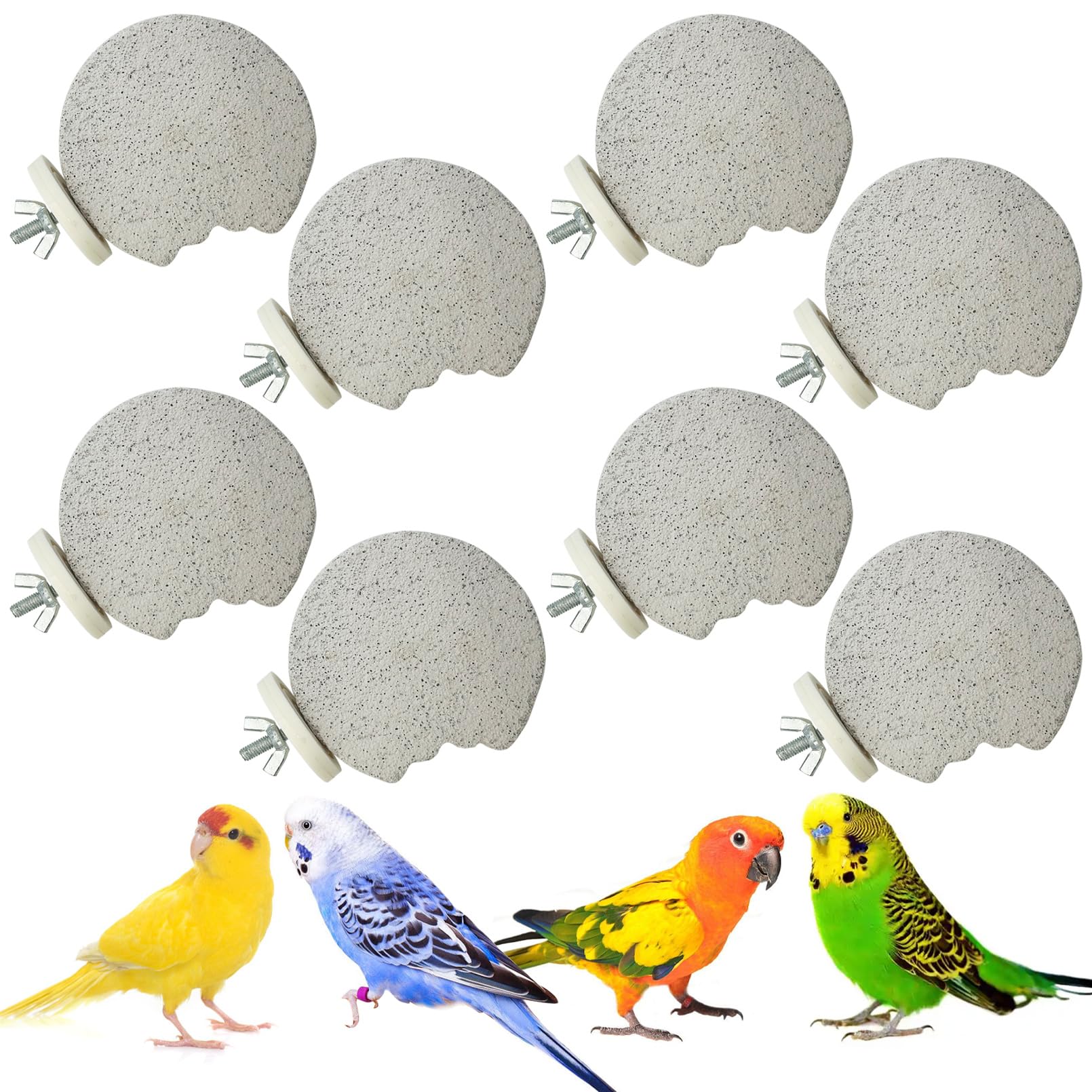 PINVNBY 8 PCS Bird Perch Parrot Beak Grinding Stone Calcium Mineral Parrot Perch Foot Claws Trimmer Chewing Toy Bird Cage Accessories for Small Medium Budgie Cockatiel Conure Lovebird (Lune)