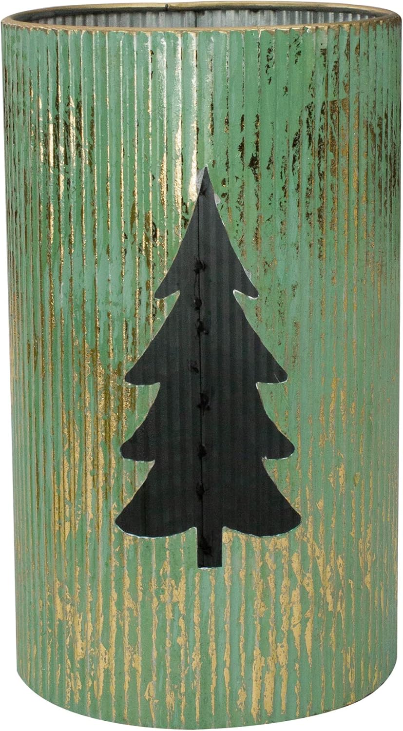 Rustic Christmas Tree Candle Lanterns - 12" - Green and Gold - Set of 2