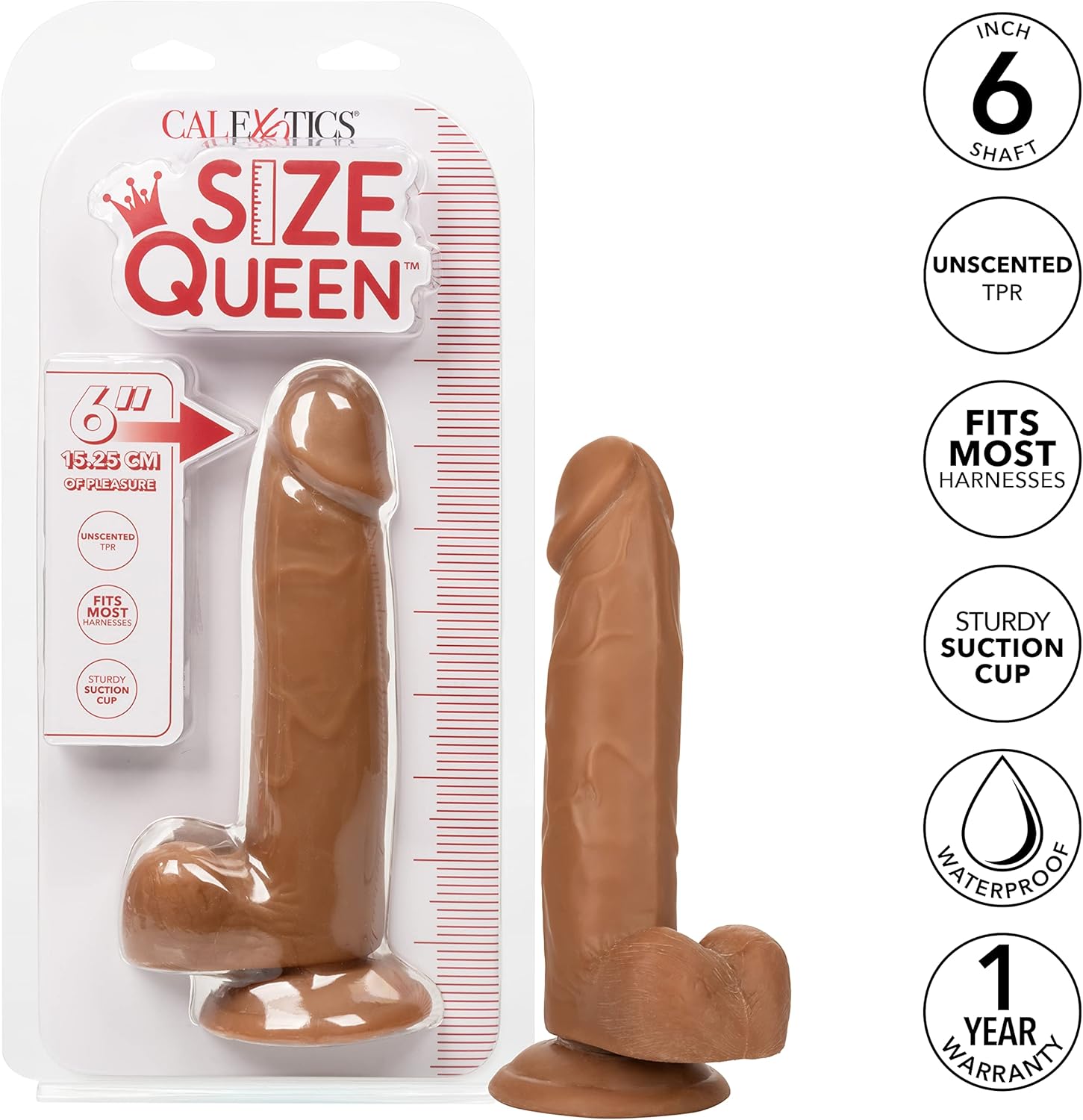CalExotics Size Queen 6 Inch Dildo with 5.25 Inch Shaft Circumference and Sturdy Suction Cup - Brown SE-0260-55-2