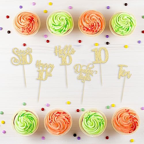Miniatura 10 de 36 piezas de decoración para cupcakes de 10º cumpleaños con purpurina negra Hello 10 Ten Cupcake Picks Sweet 10 Double Digits Cake Decor for 10th