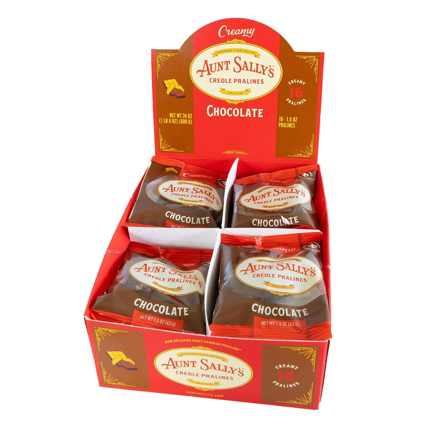 Aunt Sally's Creamy Chocolate Pralines- 16 count box- New Orleans Most Famous Praline- Handmade Pecan Candy