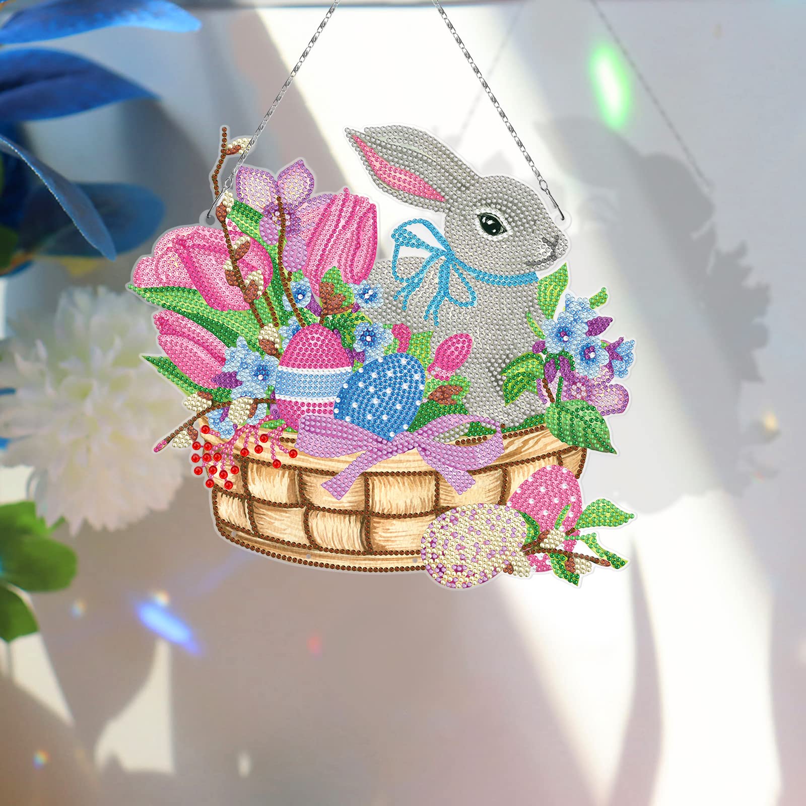 ZOYIEP 5D Easter Diamond Painting Kit, Rabbit Easter Eggs DIY Pendant with Hanging Chain, Wall Decoration (B) - Image 3