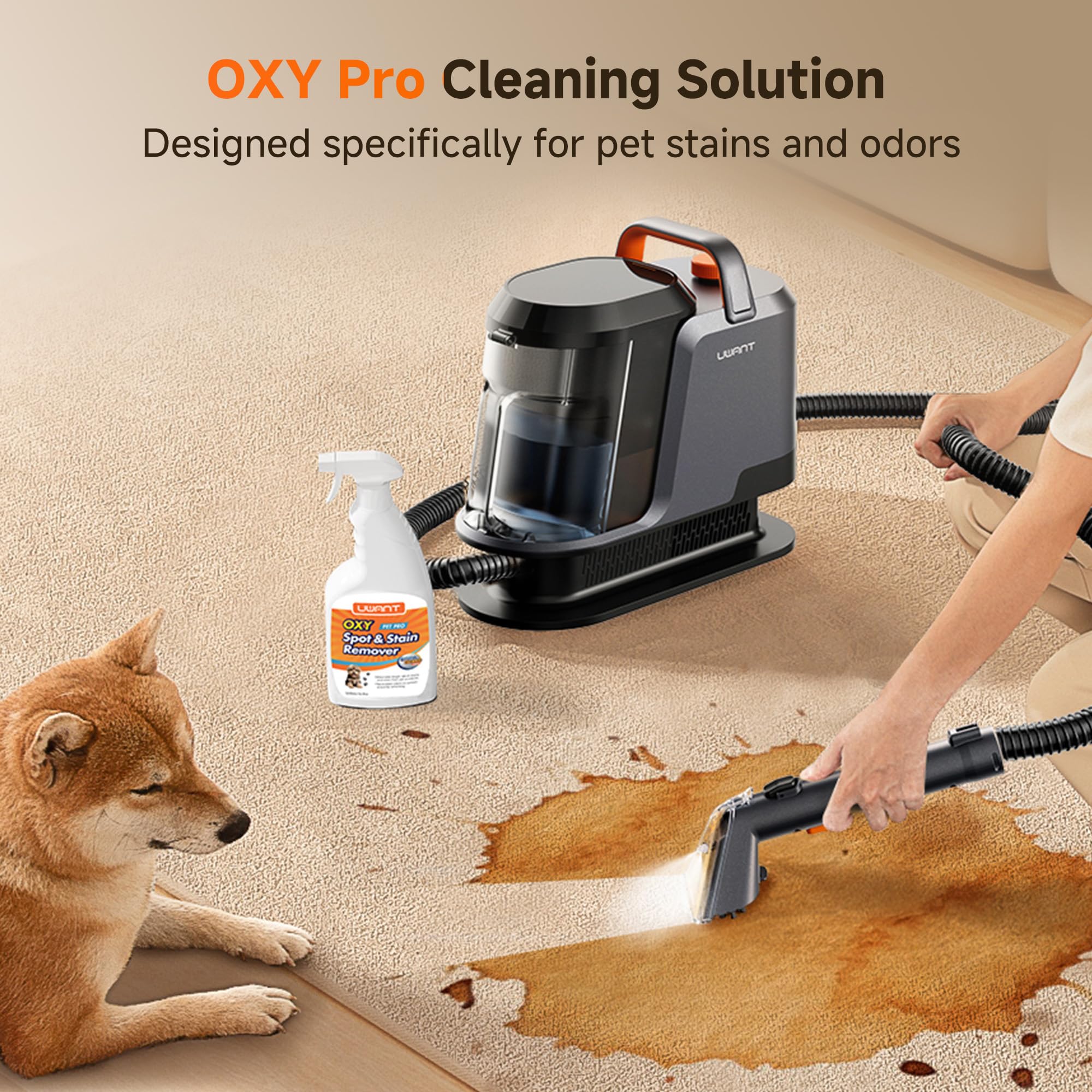 uwant Portable Carpet and Upholstery for Deep Cleaner, 18Kpa Carpet Cleaner Machine for Cars, Pets with Pet Pro Solution and Self Cleaning Set of 1 for Spot, Rug, Couch