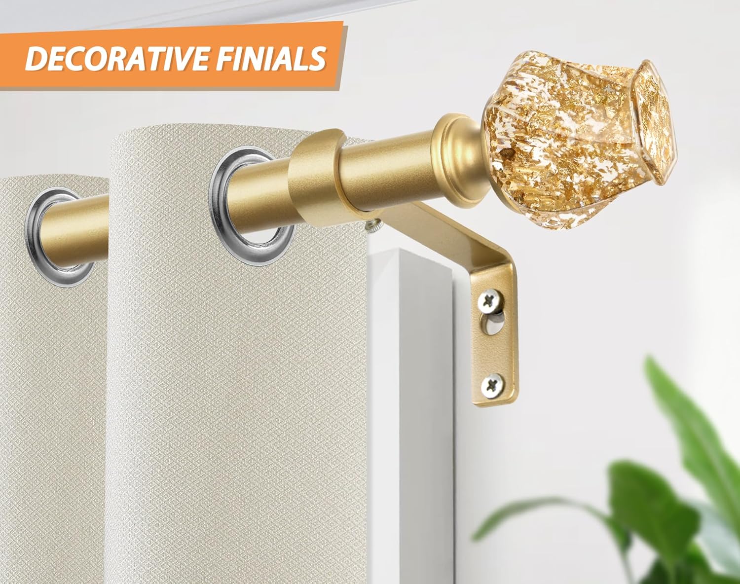 Curtain Rod Gold 32 to 115 Inches, Heavy Duty Curtain Rods for Windows, HOTOZON Decorative Single Drapery Rod with Exquisite Translucent Twisted Finials, Luxury Gold