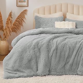BEDELITE Grey Fluffy Comforter Set Queen Size, Fuzzy Faux Fur Comforter ...