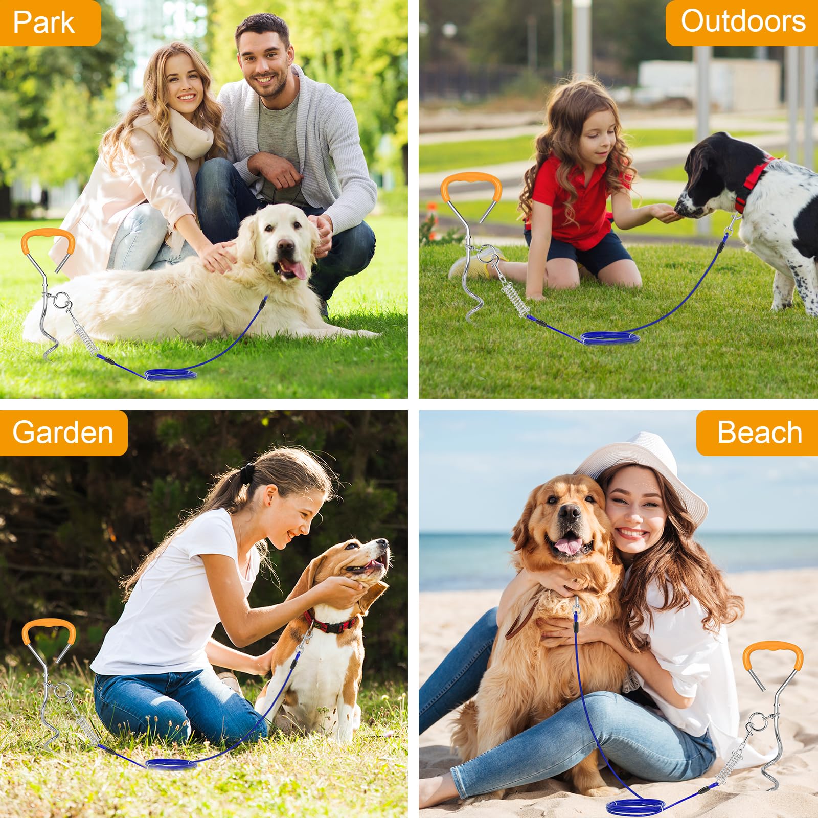 Ancrage au sol pour chien - 42 cm x 9 mm - Robuste et durable - Avec crochet rotatif et ressort absorbant les chocs - Pics pour chien en spirale - Pour jardin, plage, pelouse, extérieur (bleu)