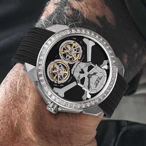 Miniatura 5 de Relojes automáticos para hombre, doble tourbillon volador con esfera de esqueleto y cabeza fantasma, correa de silicona, reloj de pulsera mecánico