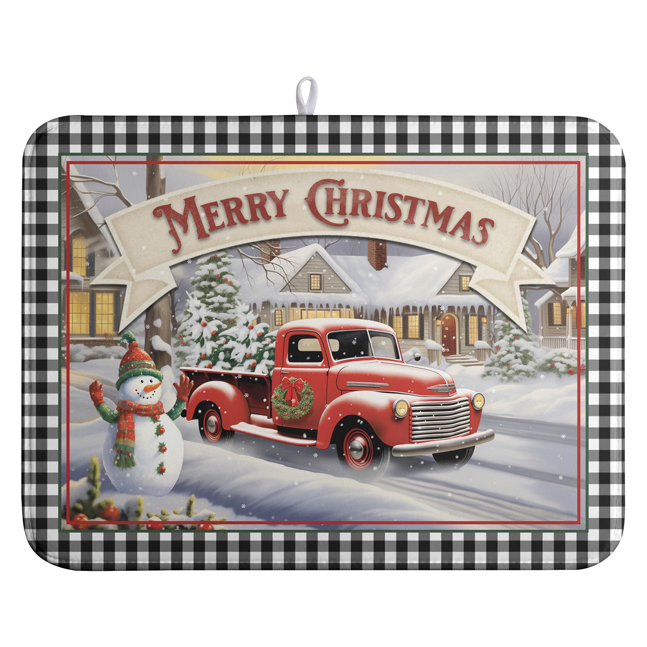 Merry Christmas Dish Drying Mat for Kitchen Winter Snowman Large Dish Drying Mat Buffalo Plaid Kitchen Drying Mat Truck Tree Microfiber Drying Mats Absorbent Dish Pad 18x24 inch